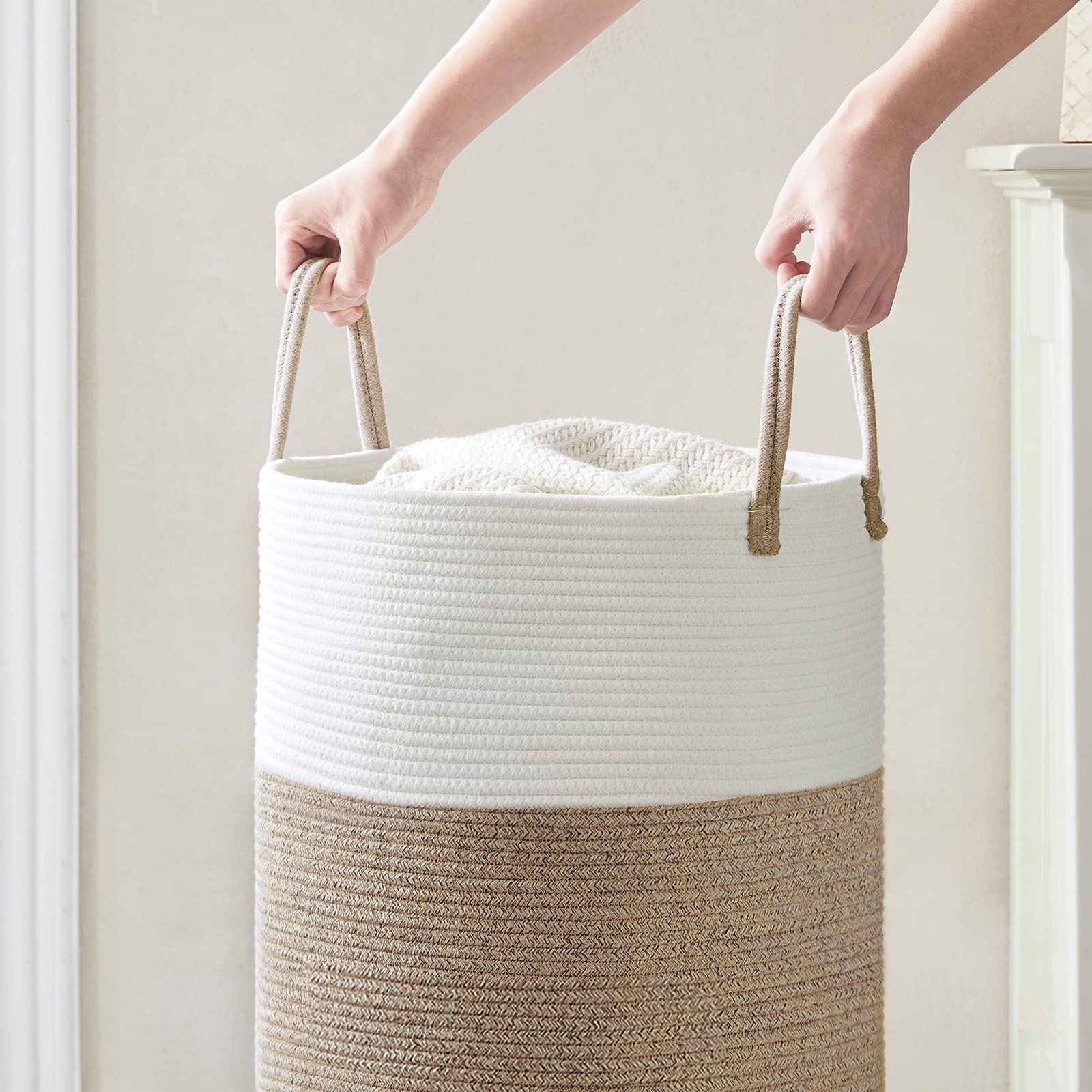 YOUDENOVA 58L Cotton Rope Laundry Hamper - Collapsible Woven Clothes Basket for Bedroom, Bathroom & Laundry Room Organization | Space-Saving Storage Solution