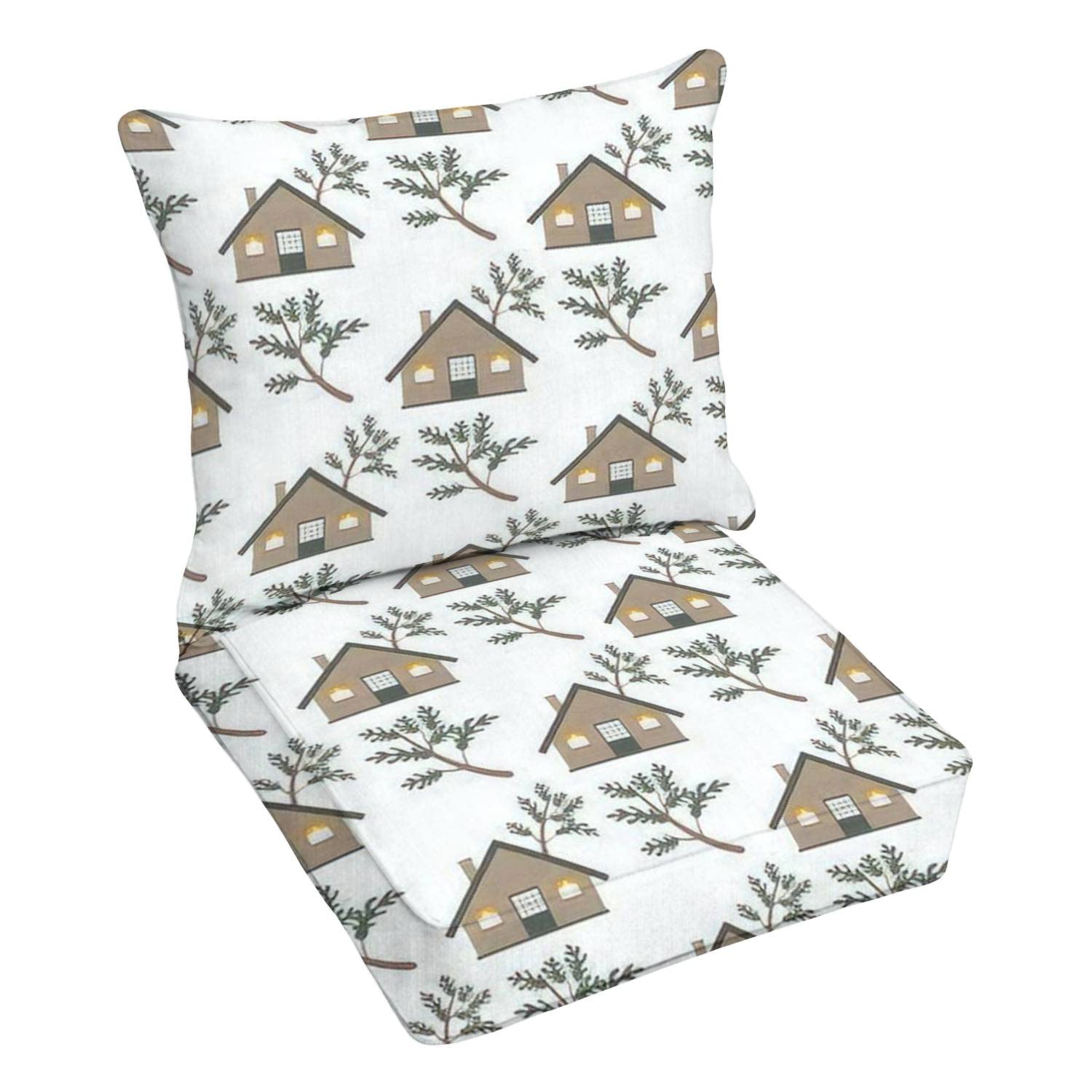 Premium Outdoor Deep Seating Cushion Set - Autumn Leaves & Wooden House Pattern - Waterproof Replacement Cushions for Patio Lounge Chairs - Perfect for Garden, Deck, and Poolside Relaxation