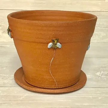 Bari Moss Ceramics Unglazed Red Clay Flower Pot with Bees Design #FG01 - Perfect for Indoor Plants, Home Decor, and Garden Gifts