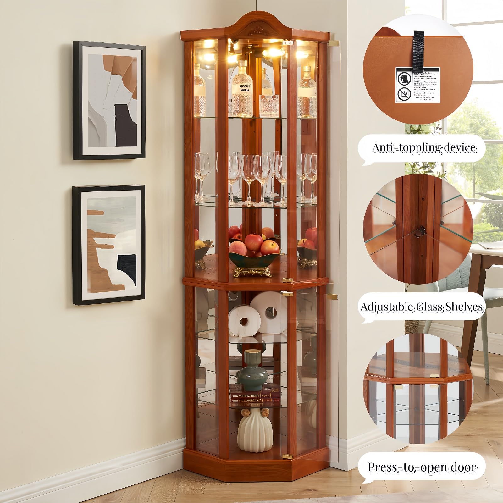 Oak Curio Cabinet with Glass Doors & LED Lights - 3-Side Glass Display Cabinet with 6 Adjustable Shelves - Perfect for Living Room, Dining Room, or Office Corner Display (Antiques, Collectibles & Home Decor)