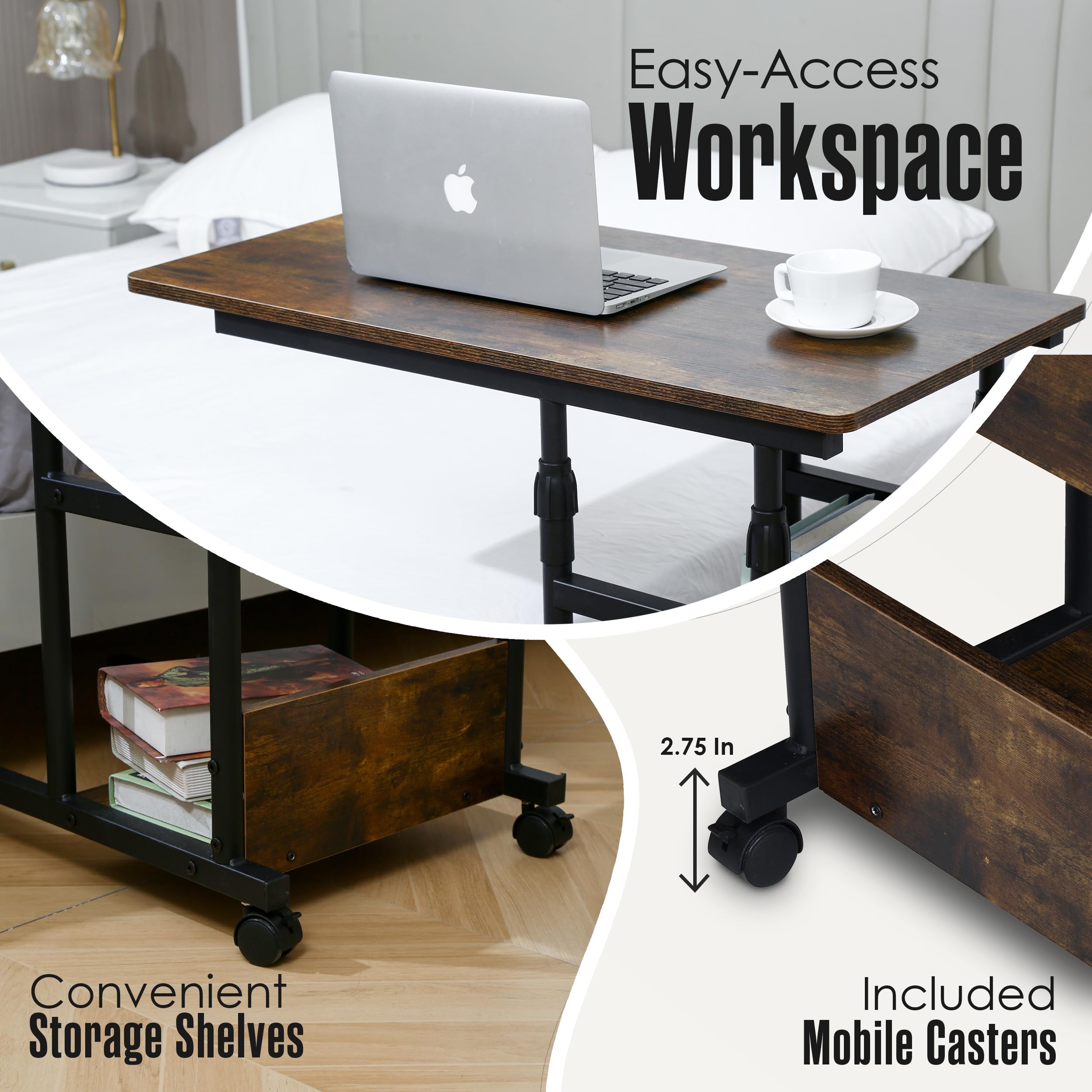 Adjustable Height Rolling Bedside Table with Wheels - Mobile C Desk for Over Bed, Under Couch - Perfect for Laptop, Dinner & Snacks - 37 x 32 x 16 Inch - Ideal for Bedroom, Living Room & Small Spaces