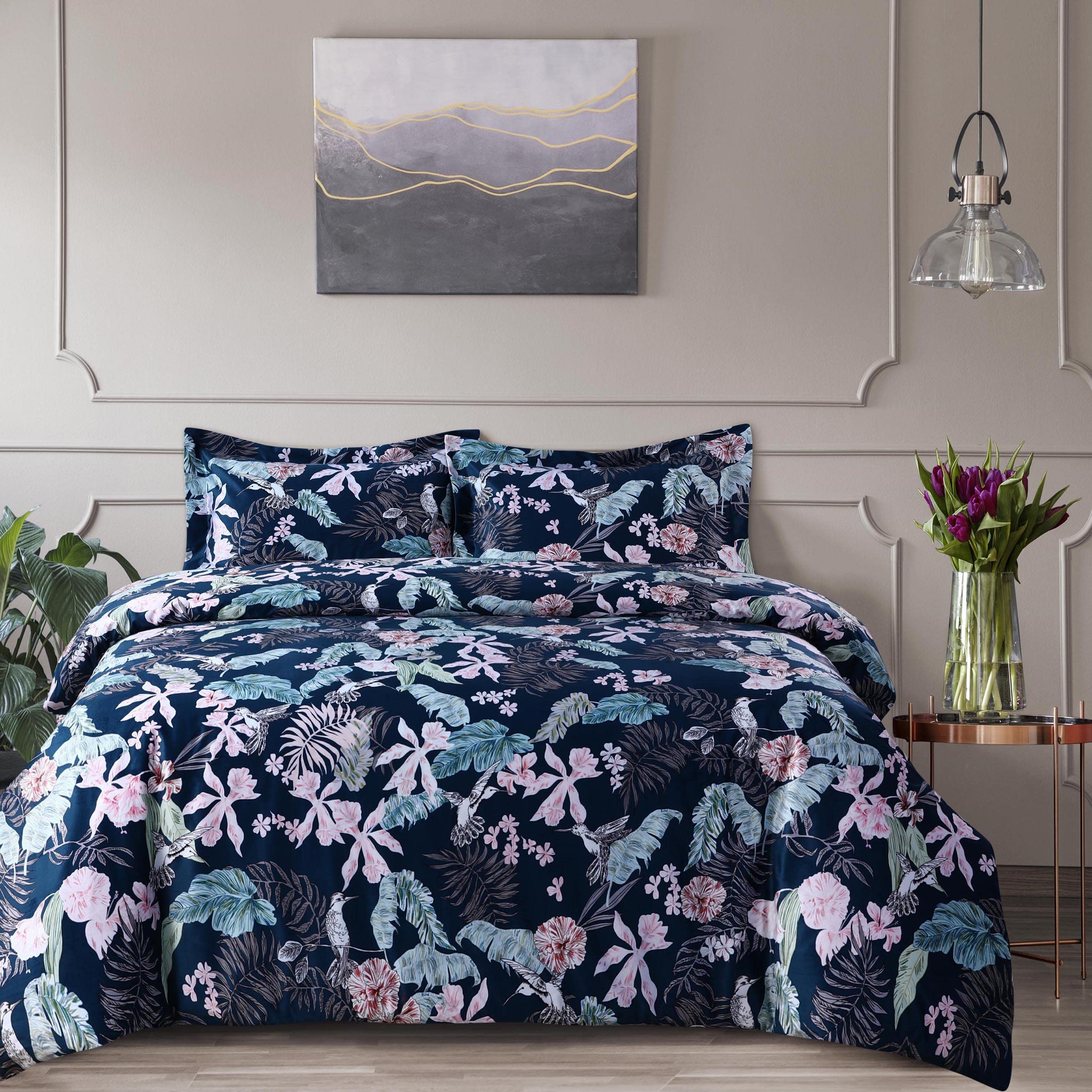 Tribeca Living Velvet Floral Printed King Duvet Cover Set - Soft Touch Oversized Luxury 3-Piece Bedding (1 Duvet Cover + 2 Sham Pillowcases) - Pariza Multicolor - Perfect for Master Bedroom Decor & Guest Room Luxury Upgrade