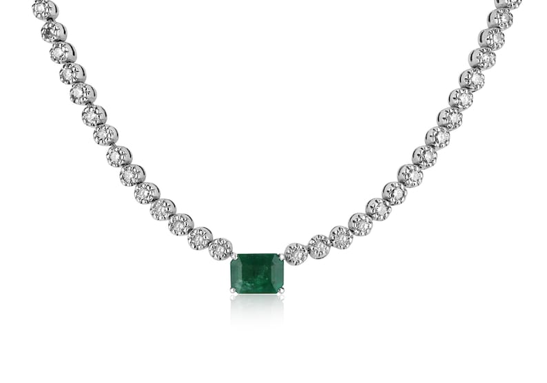 5.11tcw 14K White Gold Dark Green Emerald & Diamond Vintage Choker Tennis Necklace - Elegant Jewelry for Weddings, Parties & Special Occasions