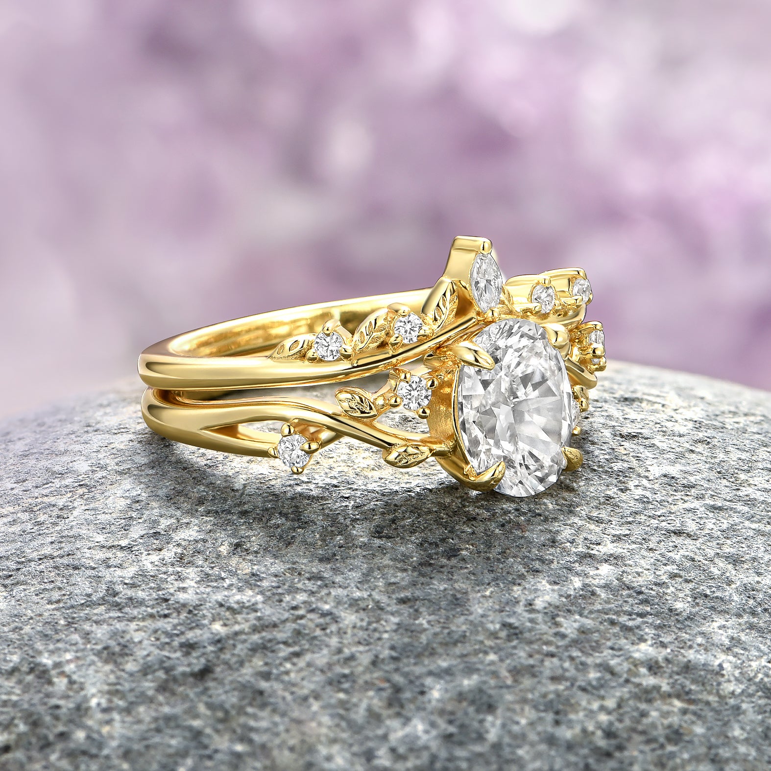 IGI Certified 14K Solid Yellow Gold Lab Grown Diamond Fairy Leaf Ring Set - Elegant Nature-Inspired Jewelry for Weddings, Anniversaries & Special Occasions
