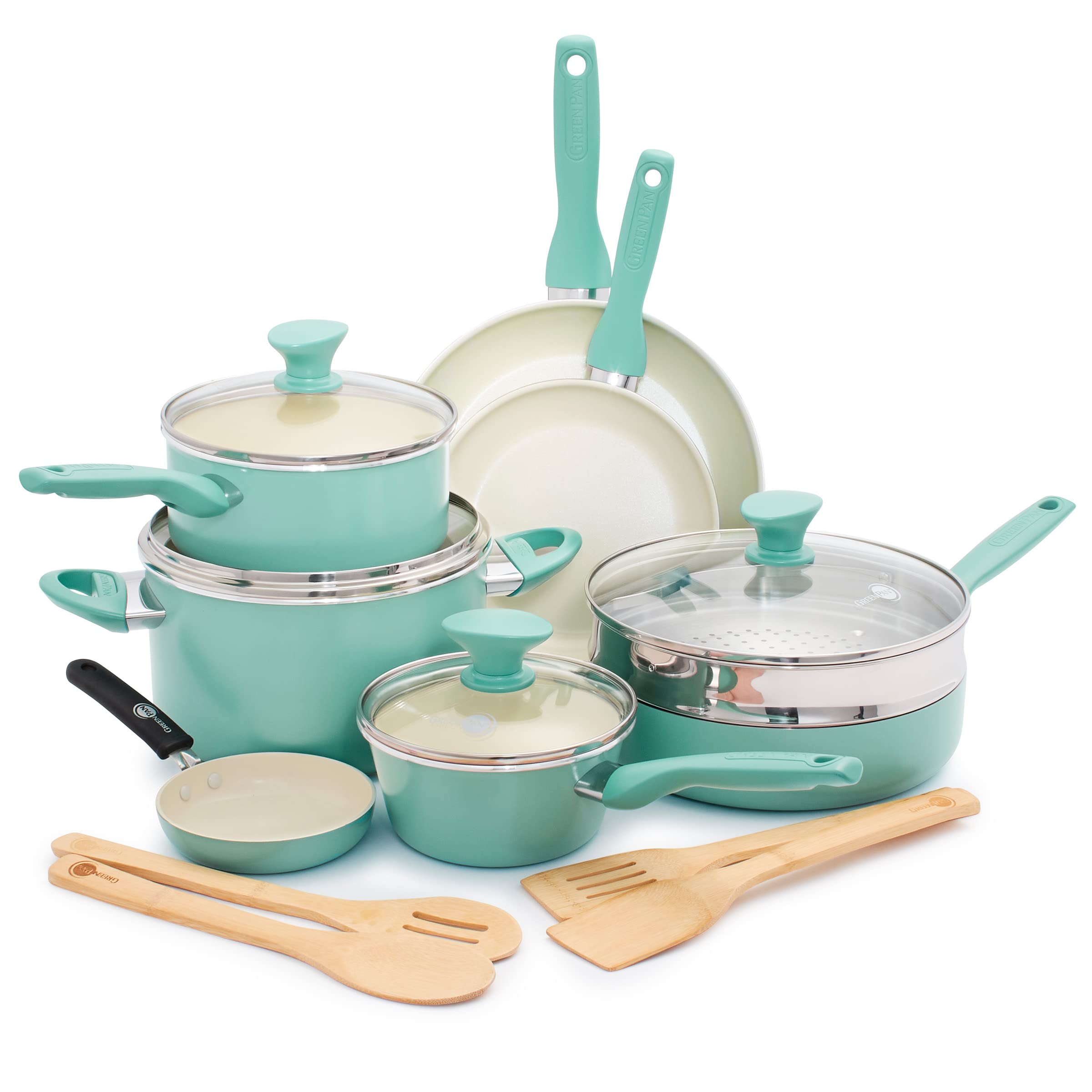GreenPan Rio 16-Piece Nonstick Ceramic Cookware Set - PFAS-Free, Dishwasher Safe, Turquoise - Healthy Cooking for Family Meals & Everyday Use