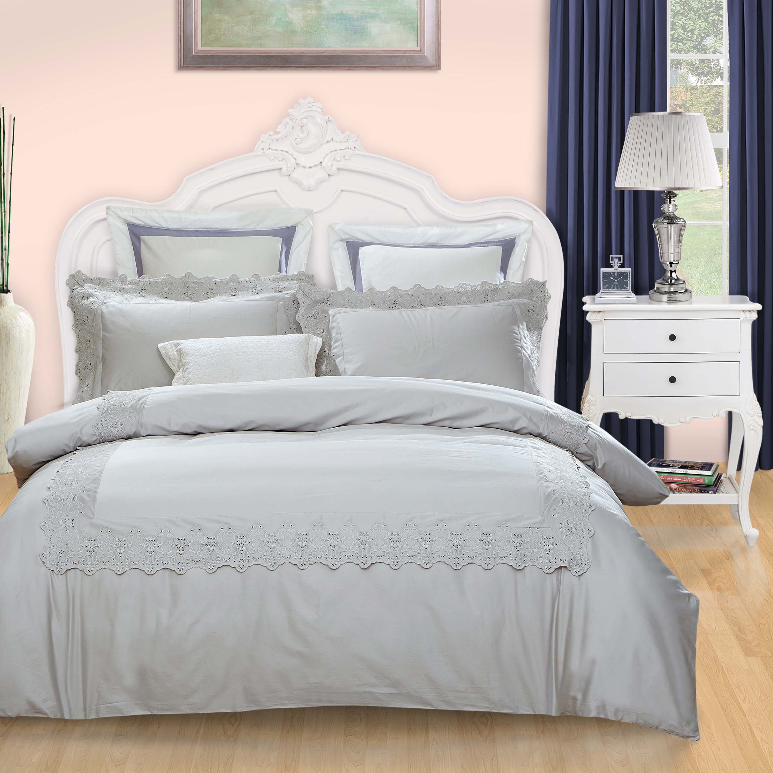 Charlotte Cotton Solid Embroidered Duvet Cover Set - Queen Size Bedding Set with Pillowcases - Luxury Soft Breathable Duvet Cover for Master Bedroom, Guest Room & Hotel Decor