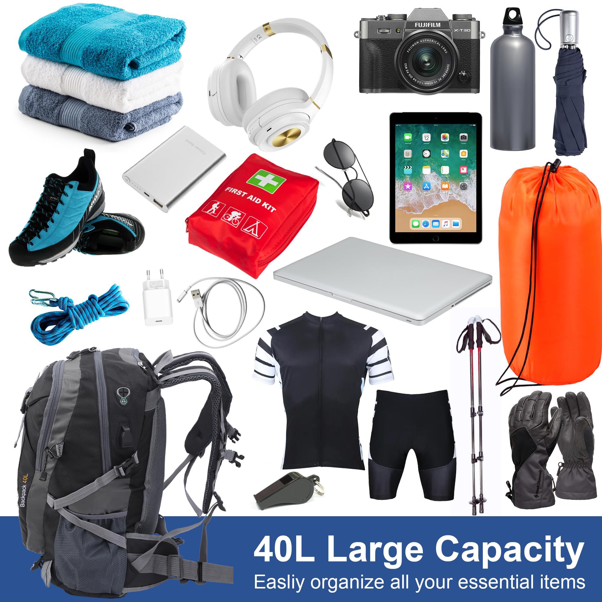 Lightweight 40L Hiking Backpack for Men & Women - Waterproof Travel Backpack for Outdoor Sports, Camping, Trekking & Mountaineering - Durable Daypack for Adventure Travel (Black) | Perfect for Hiking Trips, Weekend Getaways & Outdoor Exploration