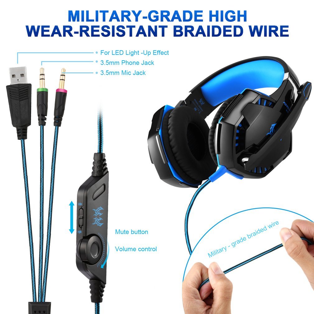 Premium PC Gaming Headset with Noise Cancelling Mic - 3.5mm Stereo Over-Ear Headphones for PC, Laptop & Mobile - LED Lights, USB Cable, Rotary Volume Control & Mic Mute - Perfect for Gaming, Streaming & Online Meetings (Black & Blue)
