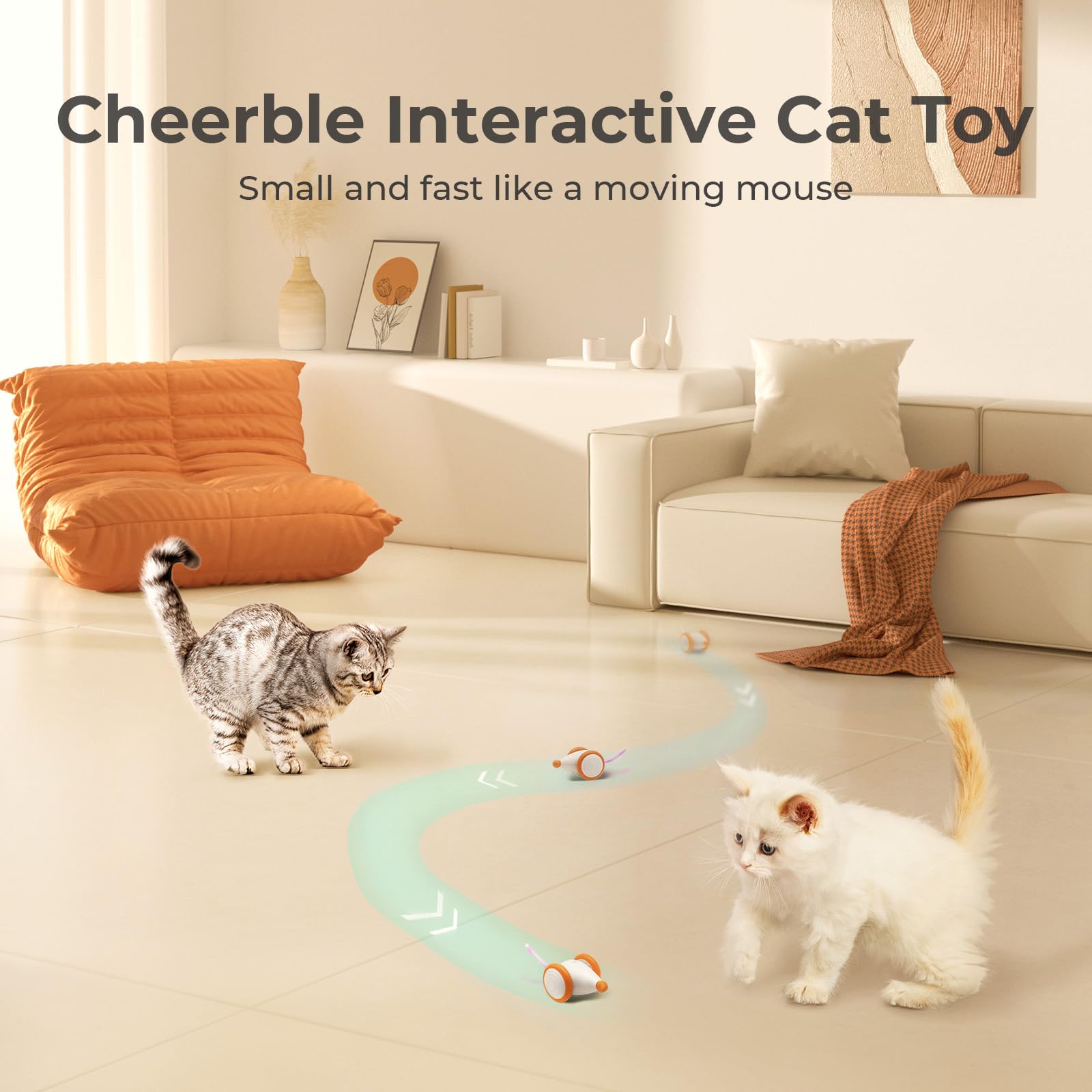 Cheerble Interactive Cat Toys for Indoor Cats - Automatic LED Light-Up Wicked Mouse Toy, USB Rechargeable Smart Electric Kitten Toy with Auto On/Off (Yellow) | Perfect for Playtime, Exercise & Boredom Relief for Your Feline Friend