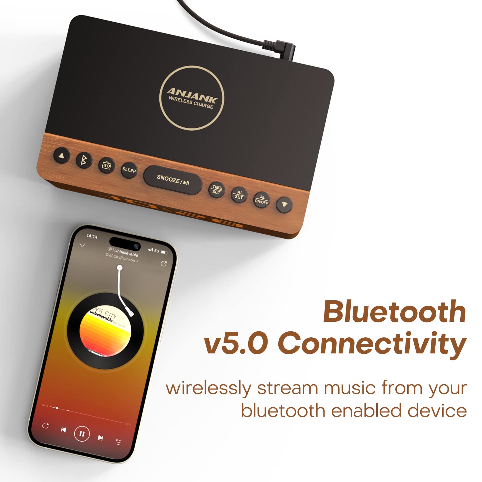 Premium Wooden Bluetooth Speaker Alarm Clock with FM Radio, Wireless Charging for iPhone & Samsung, USB Port, Dimmable Display, Sleep Timer - Digital Wooden Bedside Clock for Bedroom, Office & Travel