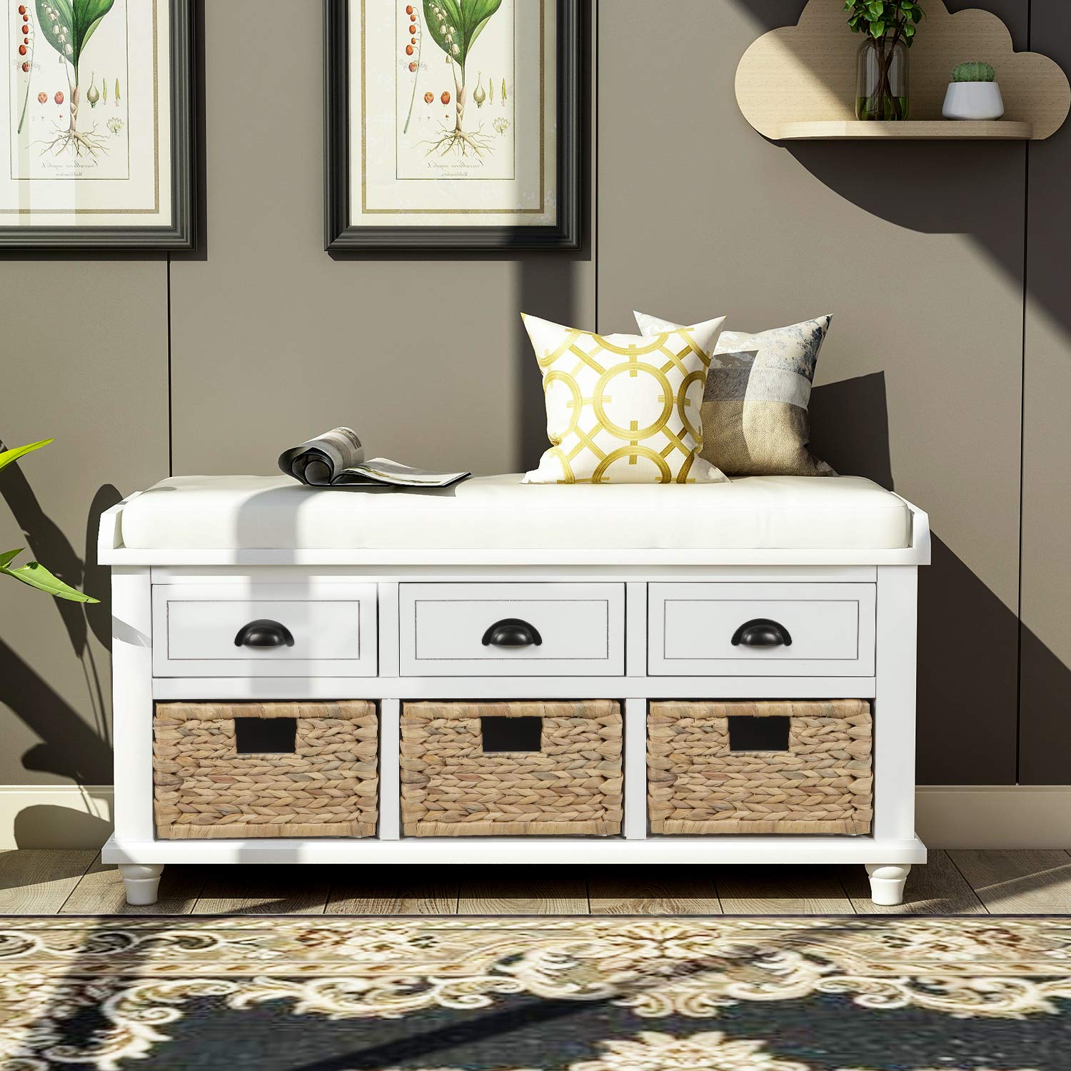 Rustic Entryway Storage Bench with Drawers & Baskets - for Shoes & Living Room