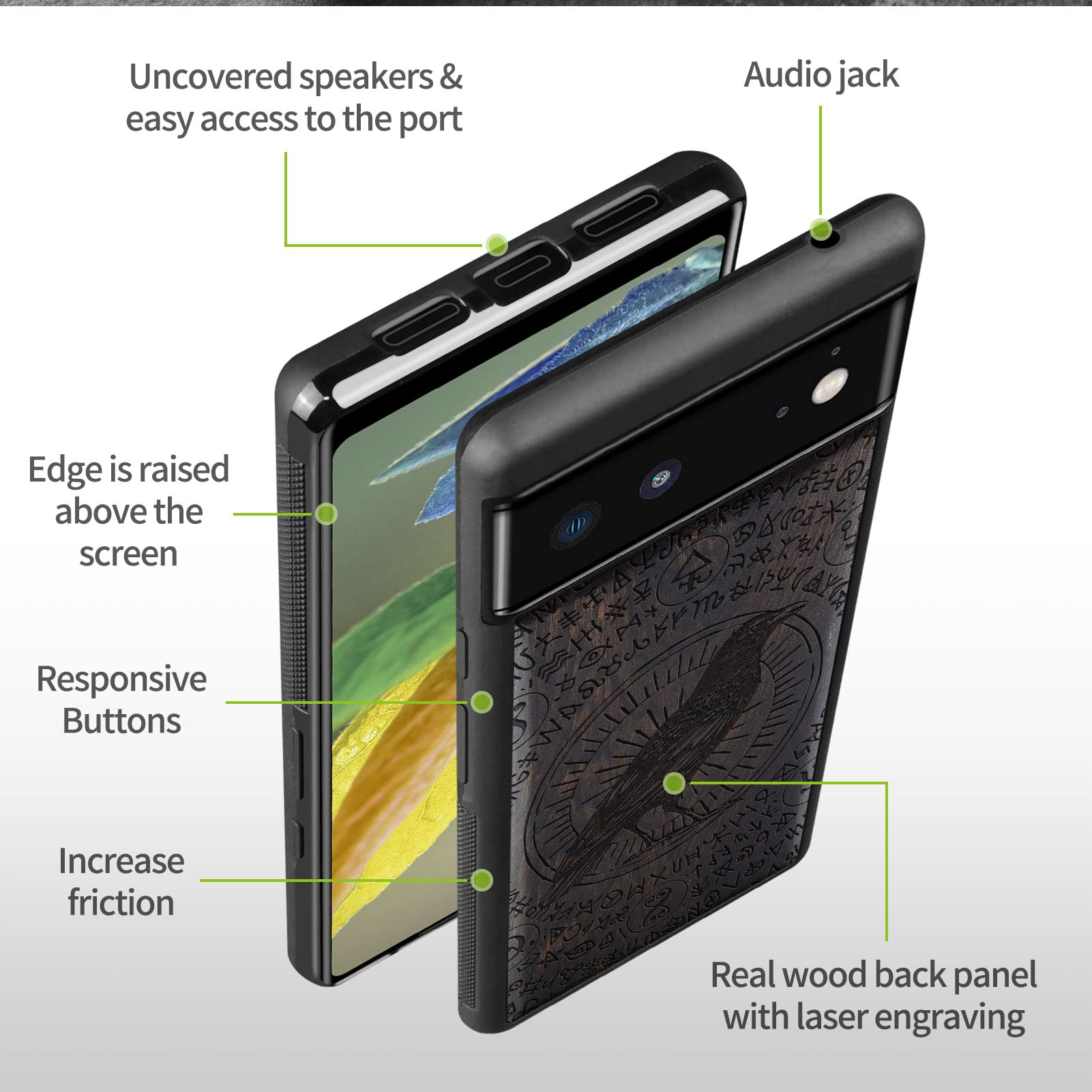 Carveit Wooden Case for Google Pixel 6 (2021) - Natural Wood & Black TPU Shockproof Protective Cover - Witchcraft Raven-Blackwood Design - Perfect for Outdoor Adventures & Everyday Protection