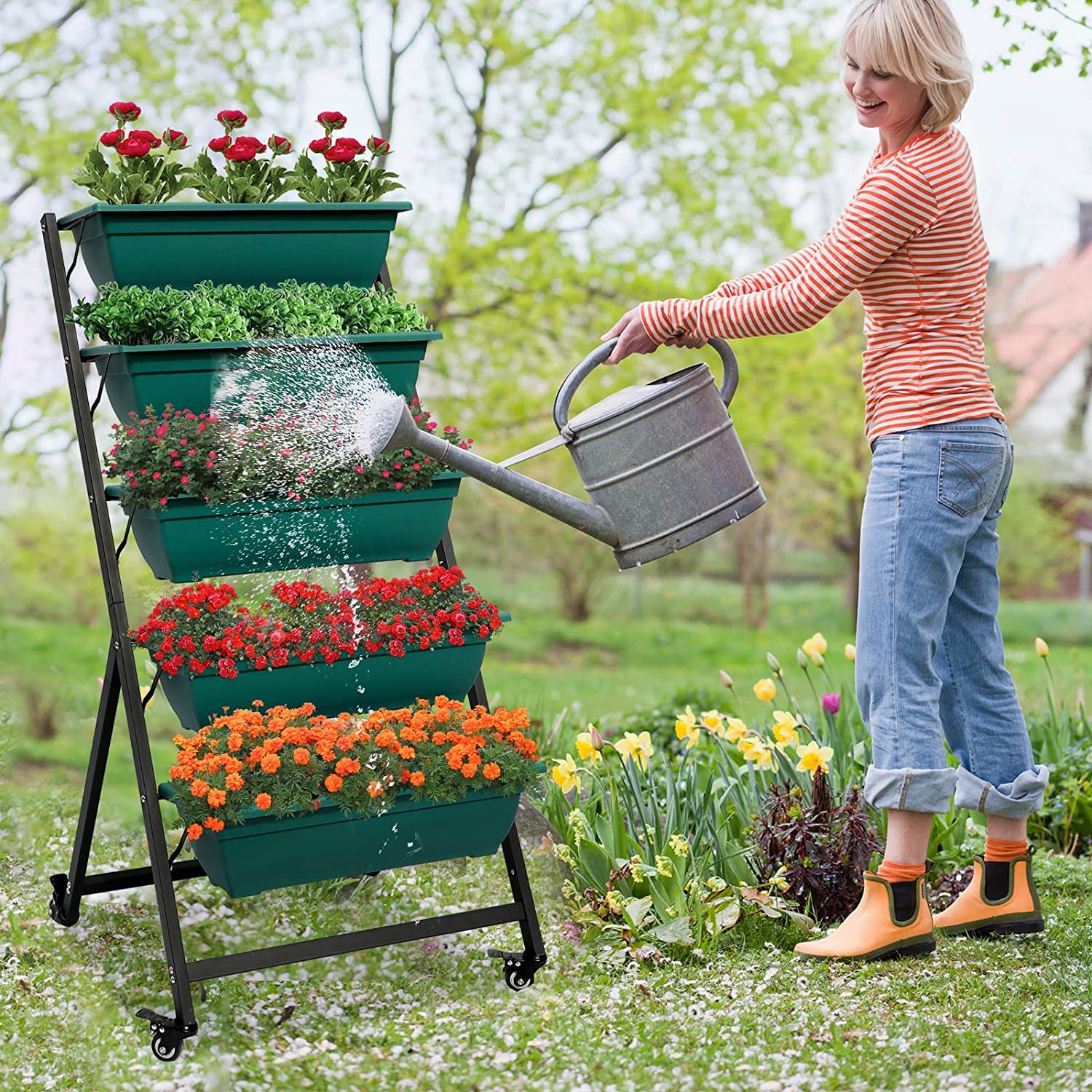 5-Tier Vertical Raised Garden Bed - Freestanding Elevated Planter Box with Drain Holes for Outdoor/Indoor Gardening - Grow Flowers, Vegetables, Herbs on Patio, Balcony or Greenhouse (Green) - Perfect for Small Space Gardening & Urban Farming