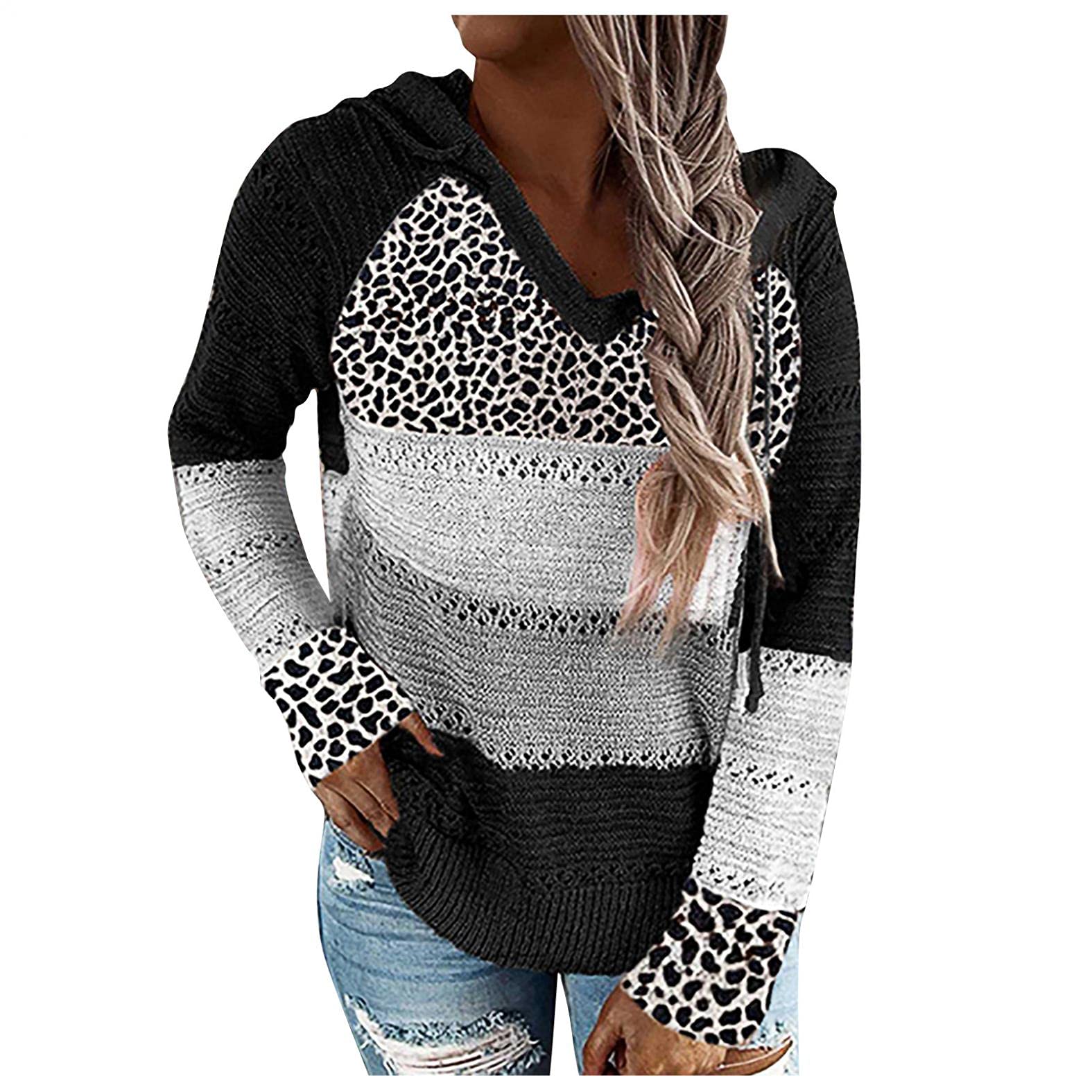 FABIURT Women's Color Block Long Sleeve Hooded Sweater Pullover - Fashion Drawstring Sweatshirt for Fall & Winter | Casual Outfit, Layering, Office Wear, Weekend Comfort