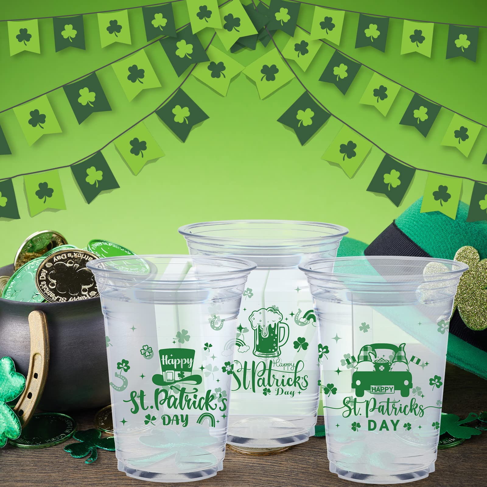 120 Pcs St Patrick's Day Shamrock Cups - 16 oz Clear Plastic Party Cups with Green Shamrock Design for St Patricks Day Celebrations, Home Parties, and Festive Decorations - Perfect for Beer, Cocktails, and Beverages at Irish Themed Events