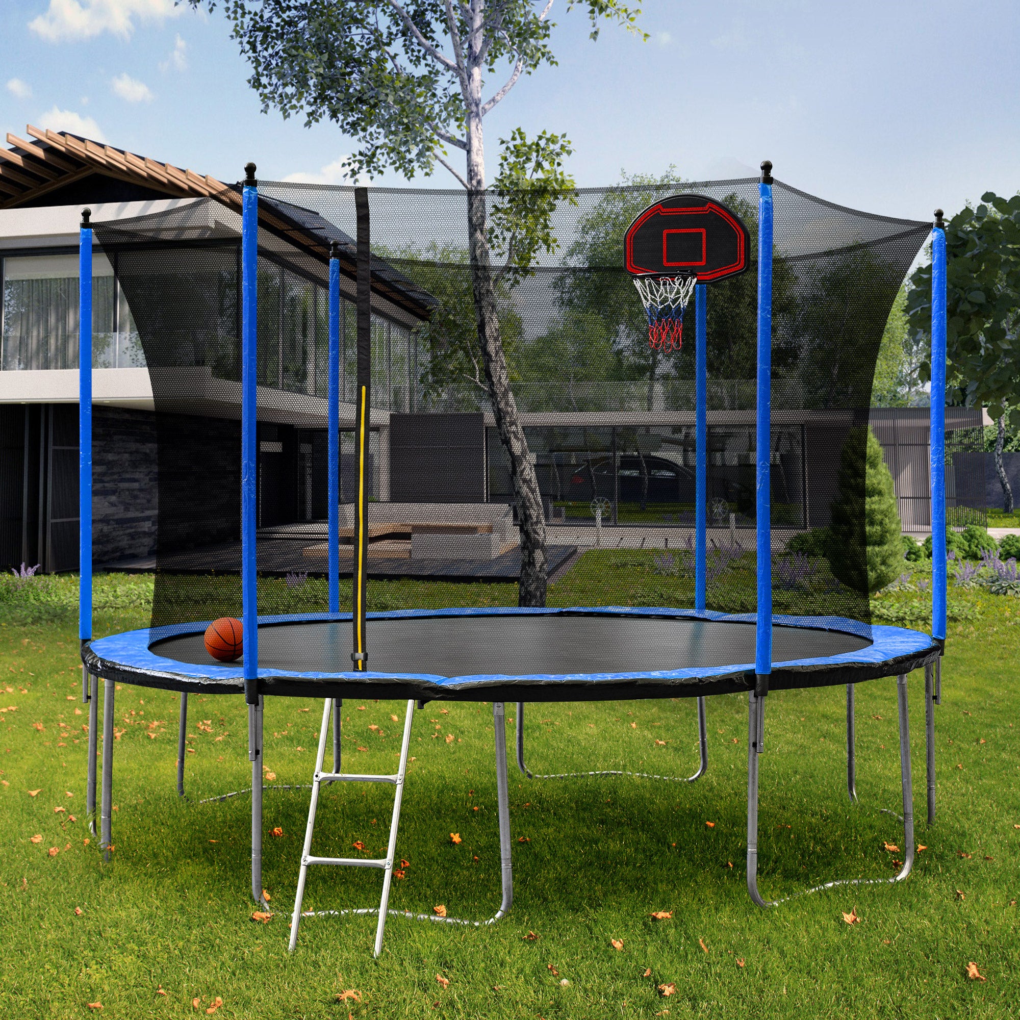 15FT Trampoline with Basketball Hoop, Air Pump, and Safety Ladder - Blue | Outdoor Backyard Fun for Kids & Adults | Perfect for Exercise, Play, and Family Bonding