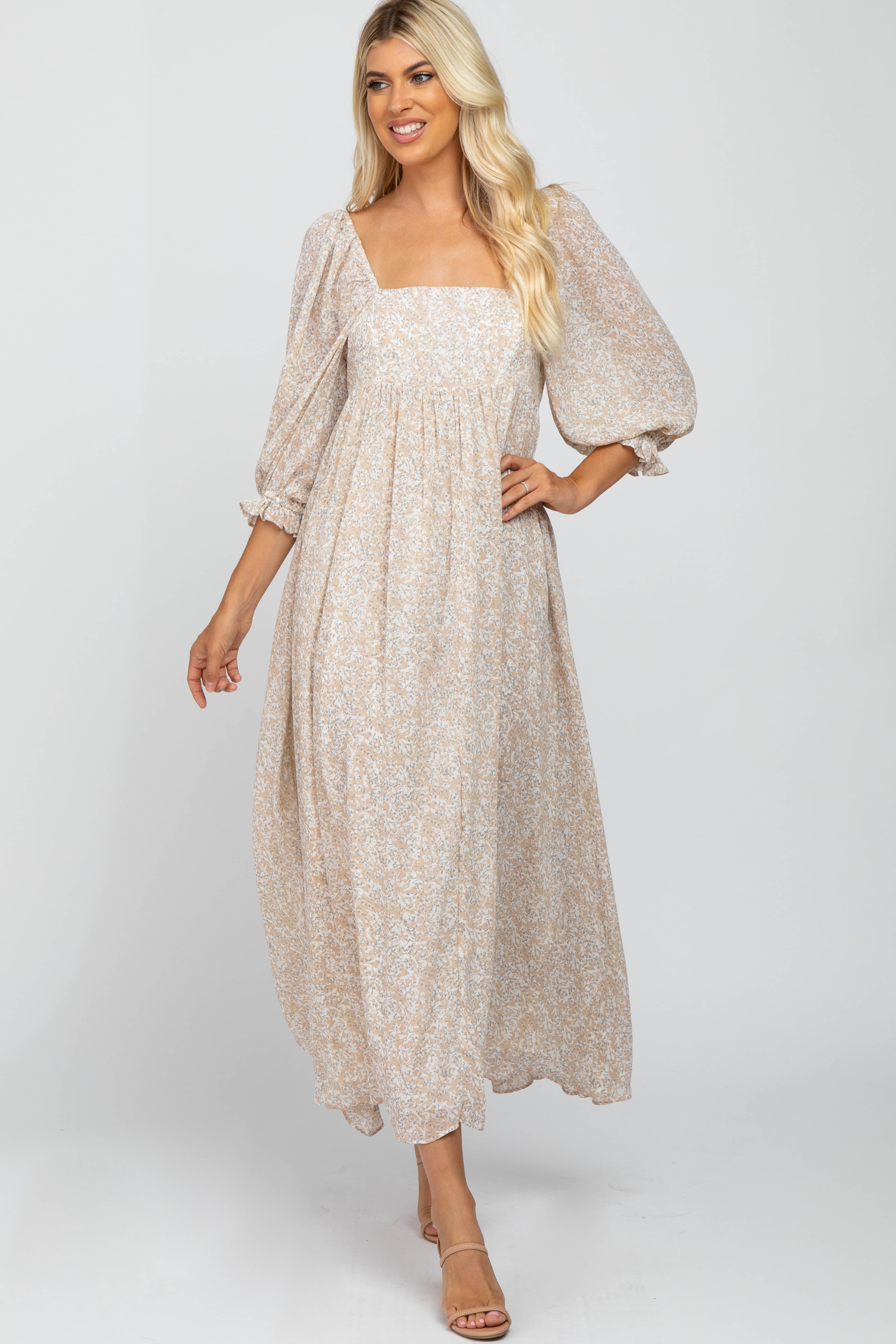 Beige Chiffon Printed Square Neck Empire Waist Maternity Maxi Dress for Pregnancy, Nursing & Special Occasions - Flowy Summer Wedding Guest Dress & Photoshoot Outfit