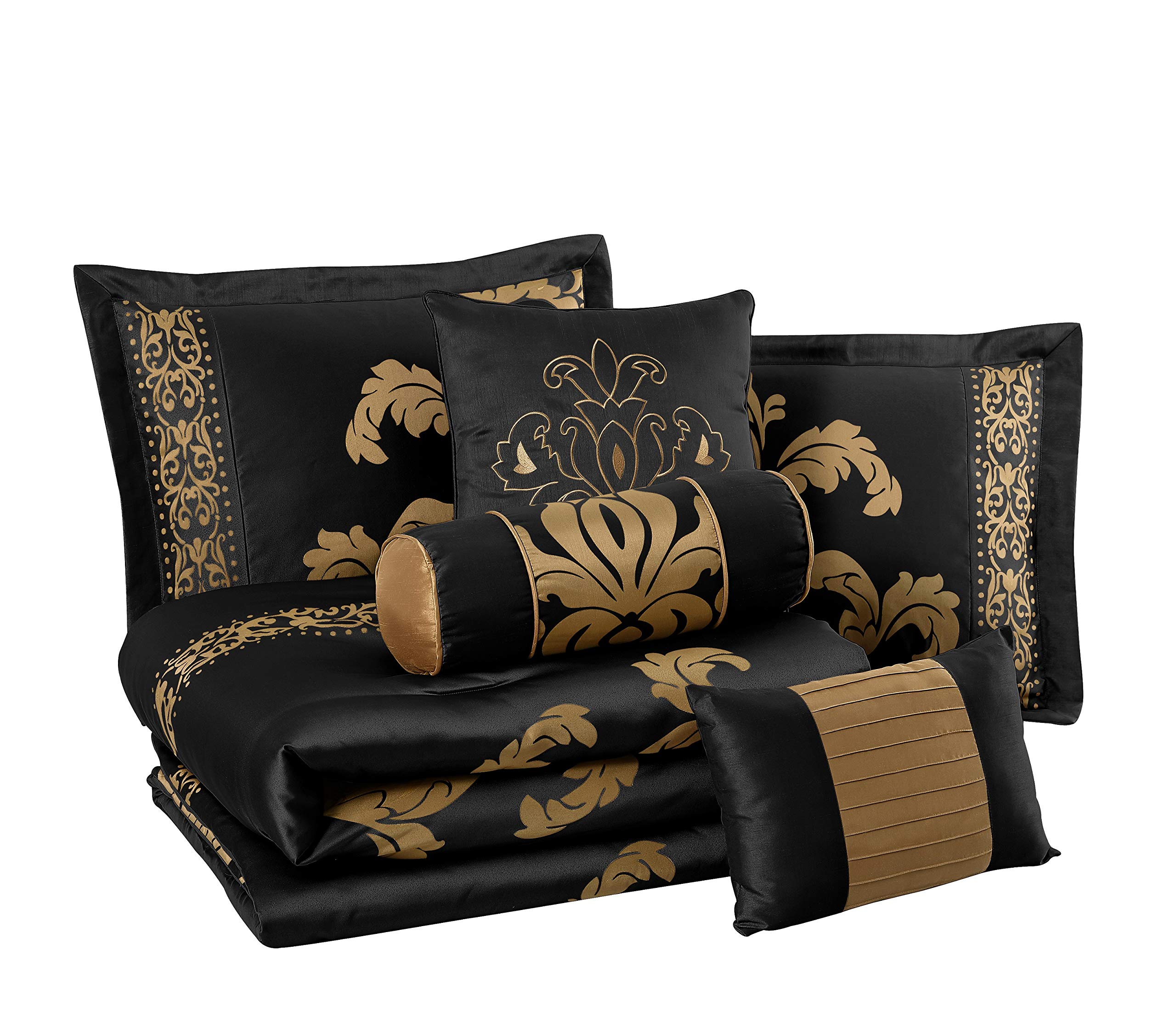 Chezmoi Collection 7-Piece Jacquard Floral Comforter Set - King Size Luxury Bedding with Black Gold Design | Complete Bed-in-a-Bag Set for Master Bedroom Decor & Guest Room Upgrade