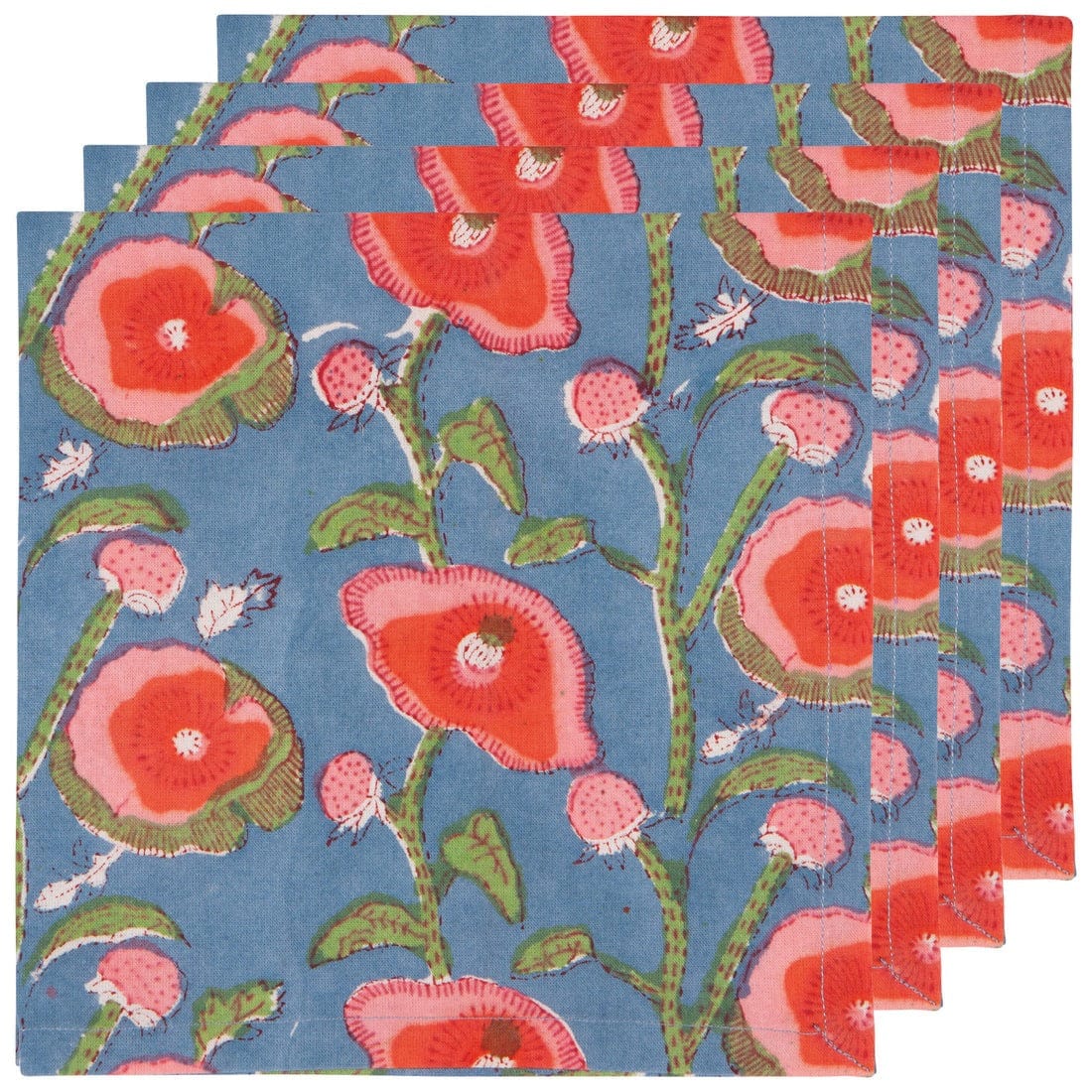 Premium Poppy Block Print Cotton Napkins - Set of 4 for Dining, Parties & Home Decor | Eco-Friendly Table Linens for Everyday Use & Special Occasions
