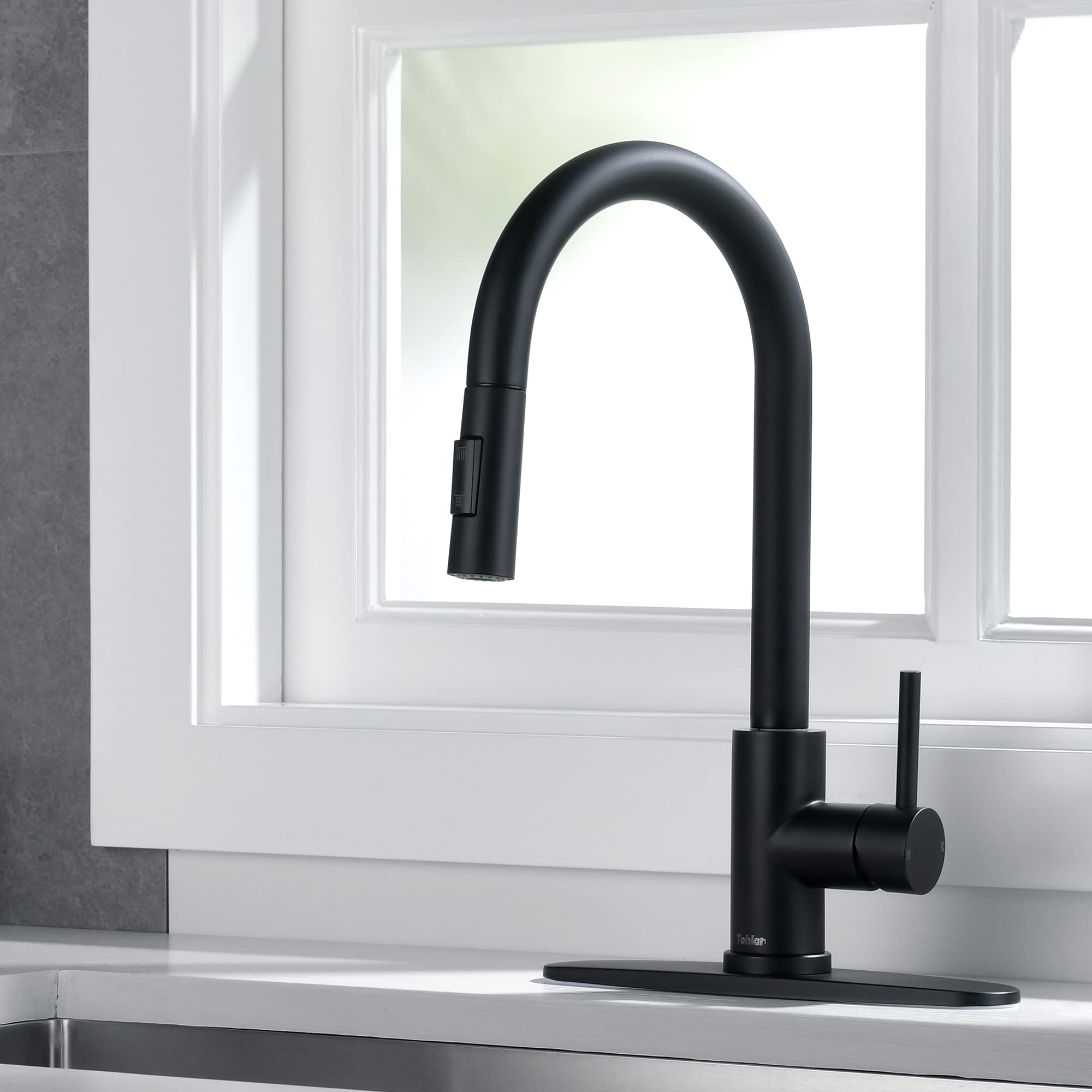 Tohlar 2-Function Pull Down Kitchen Faucet Spray Head Replacement, Black Nozzle Hose Spout for Modern Kitchens and Dishwashing