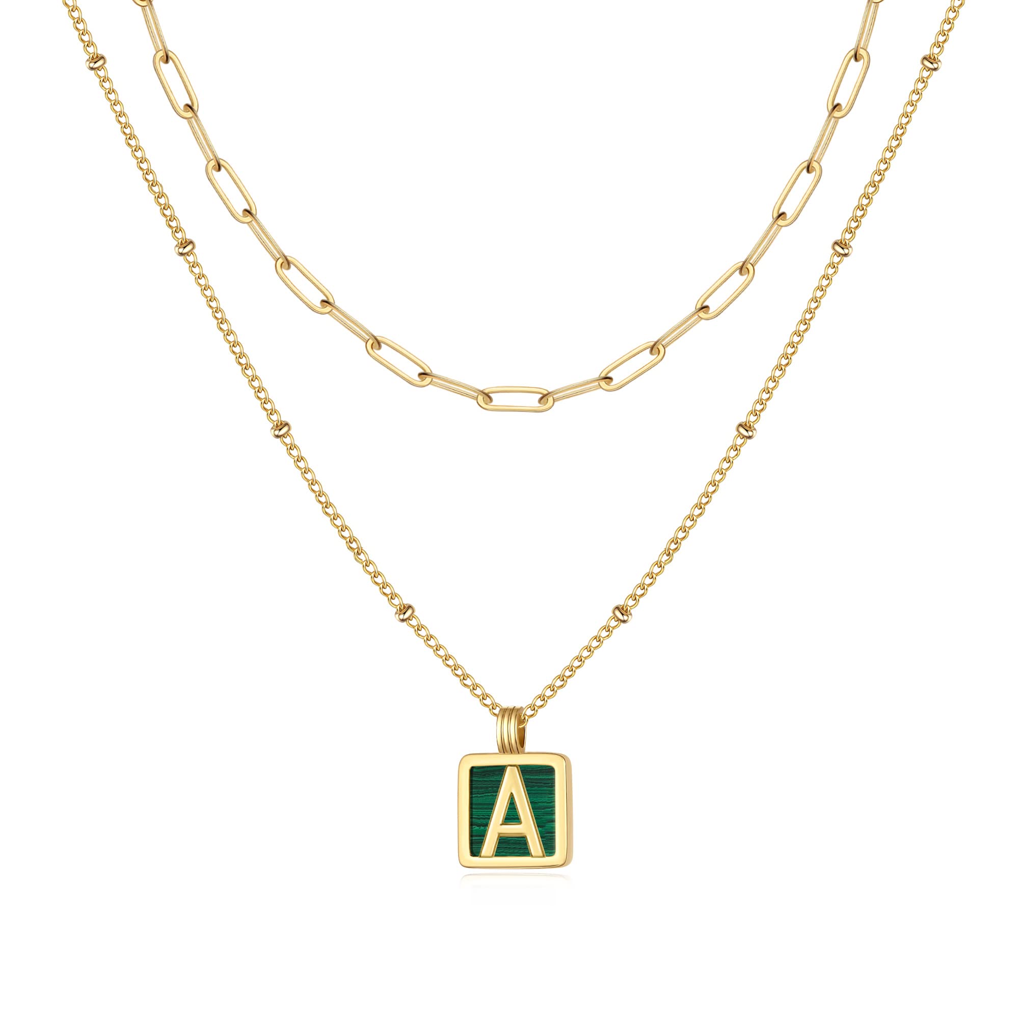 14K Gold Plated Initial Necklace for Women & Girls - Dainty Paperclip Chain with Green Letter Pendant | Elegant Layered Choker Necklace for Everyday Wear, Gift Giving & Special Occasions