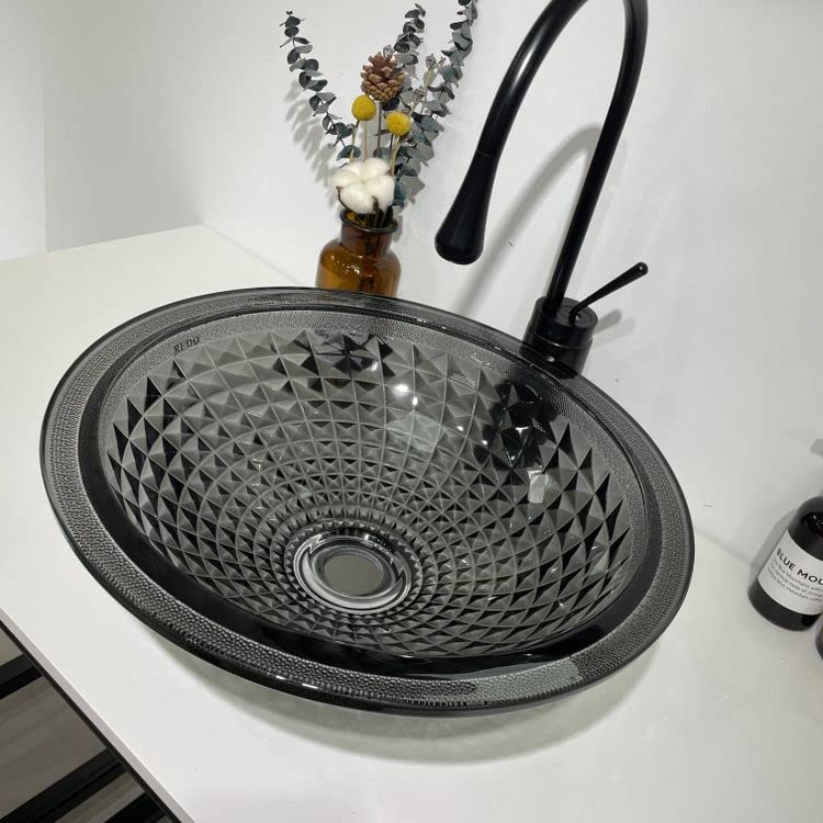 Premium InArt Modular Vanity Crystal Glass Wash Basin - 16x16 Inch Glossy Black Vessel Sink for Bathroom Countertop | Modern Tabletop Basin for Master Bath, Powder Room & Luxury Washroom Decor