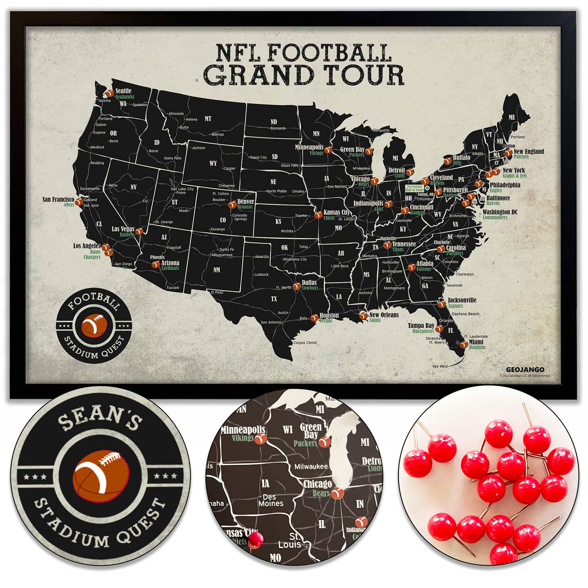 Framed Football Stadium Map Poster - All NFL Teams & Stadiums with 35 Red Push Pins - Perfect for Sports Fans & Travel Tracking - Home Office Decor, Man Cave Gift, Sports Memorabilia Collection