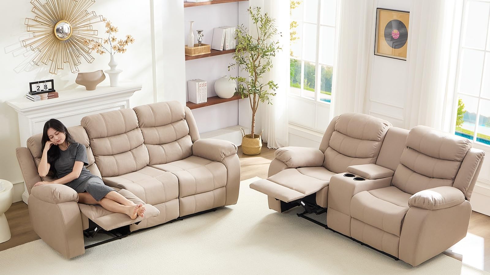 Mjkone 5-Piece Home Theater Seating Set - Manual Reclining Sofa with Cup Holders & Storage Console - 3-Seat Couch with Flip-Up Armrest + 2-Seat Loveseat - Beige Fabric Living Room Furniture for Movie Nights & Family Gatherings