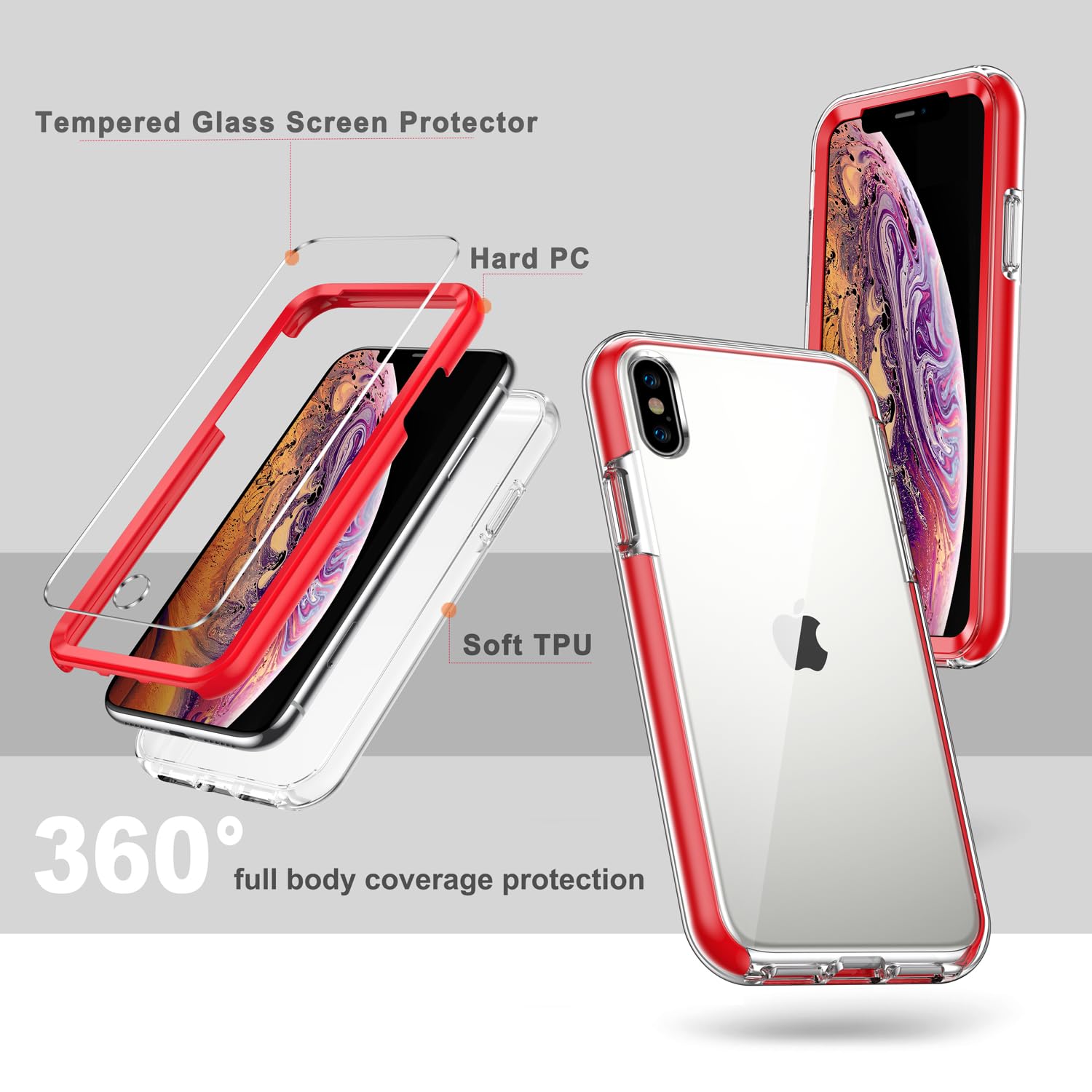 COOLQO iPhone Xs Max Case 6.5 Inch - Clear 360 Full Body Coverage Shockproof Silicone Protective Phone Cover with 2 Tempered Glass Screen Protectors (Red) | Perfect for Everyday Protection, Outdoor Activities & Travel