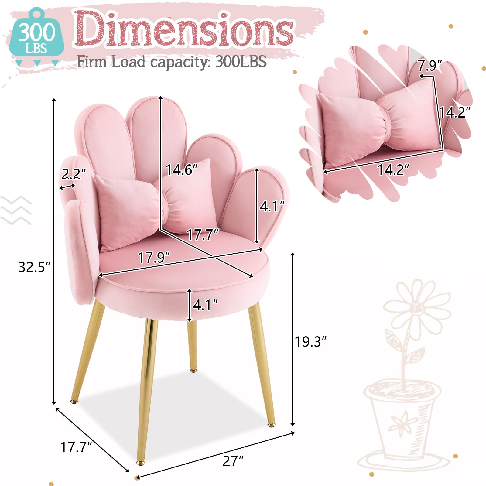 VINGLI Pink Velvet Petal Makeup Vanity Chair with Back - Cute Flower Design, No Wheels, Adjustable Gold Legs & Bow Pillow - Modern Accent Chair for Girls Bedroom, Home Office, Dressing Room & Dining Area