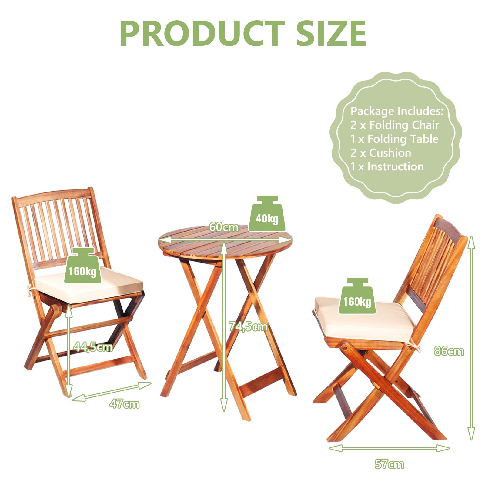 KOMFOTTEU Foldable Bistro Set, 40kg Capacity Table & 160kg Capacity Chairs with Cushions, Outdoor Garden Patio Furniture Set for Balcony, Terrace or Backyard (Beige Cushions) - Perfect for Small Spaces, Coffee Breaks & Relaxing Outdoors