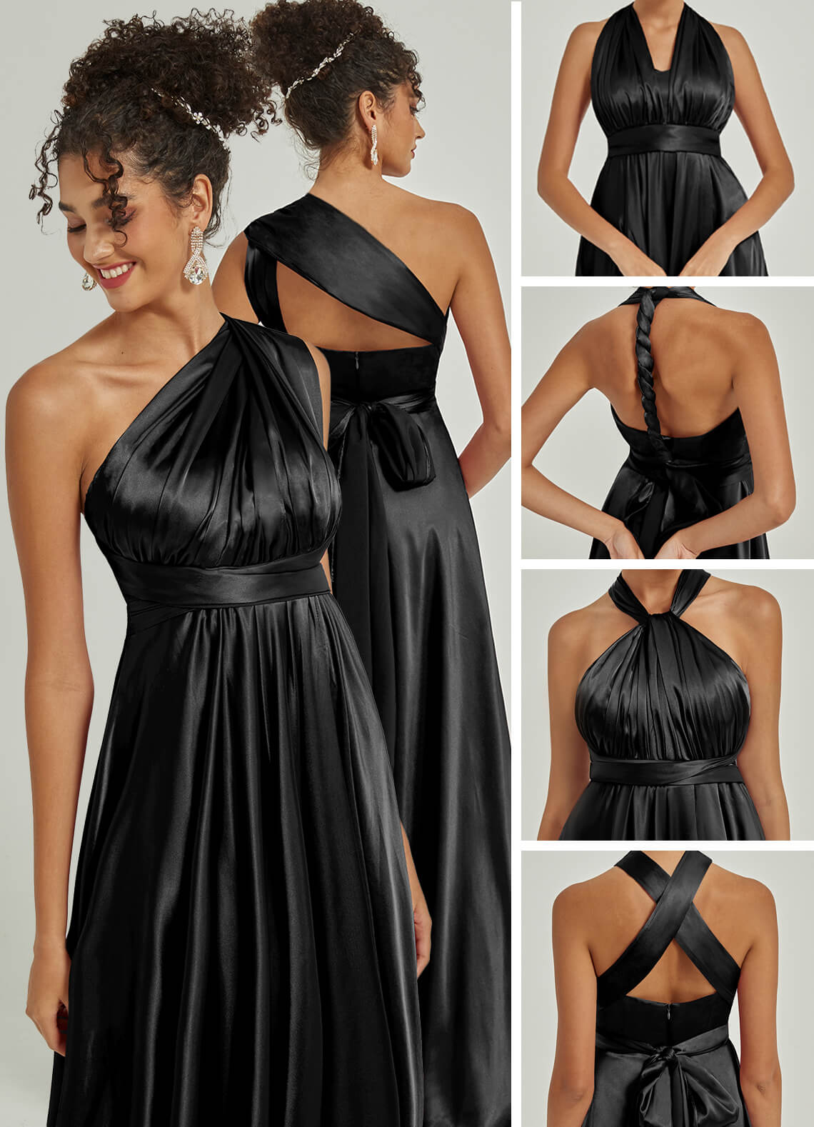 Elegant Black Satin Convertible Bridesmaid Dress - Multi-Way Wrap A-Line Gown for Weddings, Parties & Special Occasions