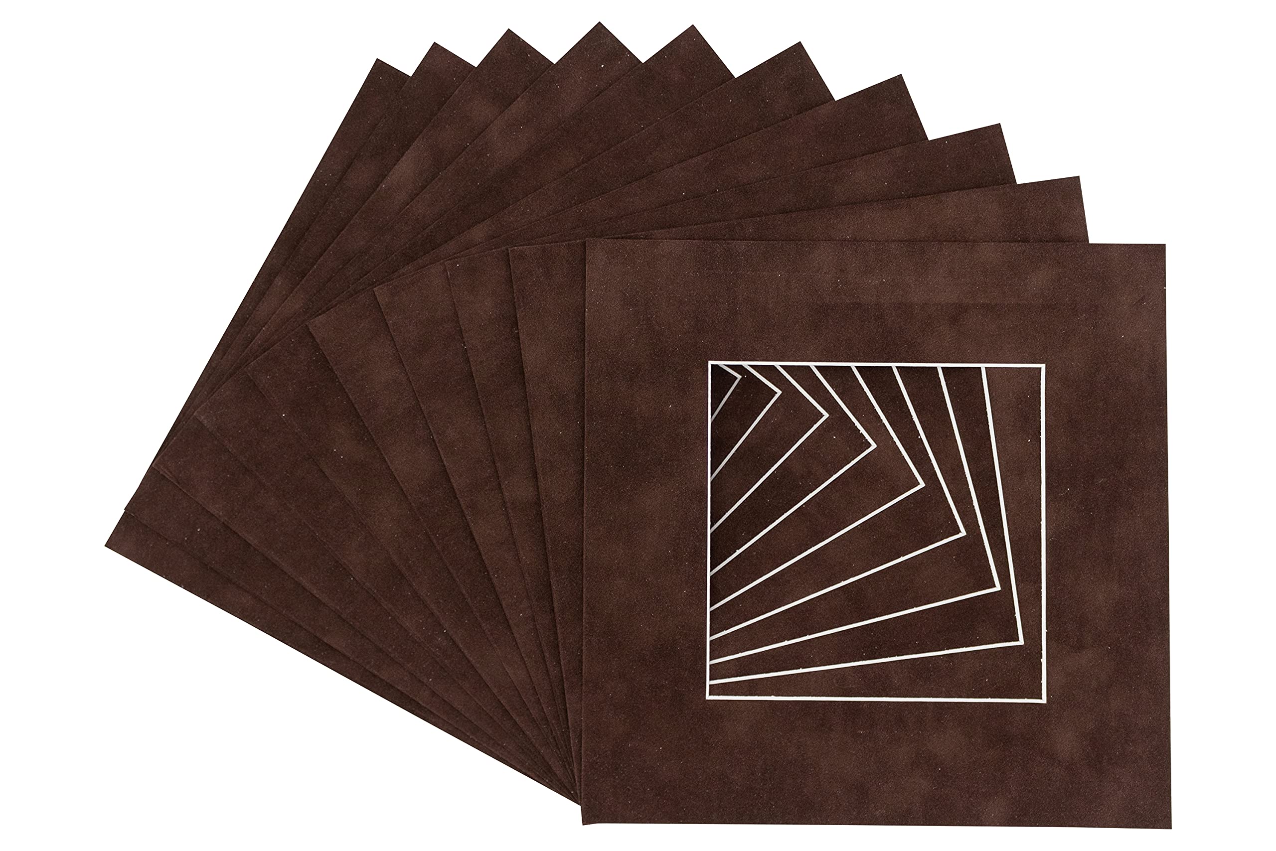 16x16 Inch Precut Brown Suede Picture Matboard for 12x12 Photos - Acid Free Bevel Cut Display Mats with Backing Boards & Clear Bags (Pack of 10) - Perfect for Framing Art, Scrapbooking, and Photo Displays