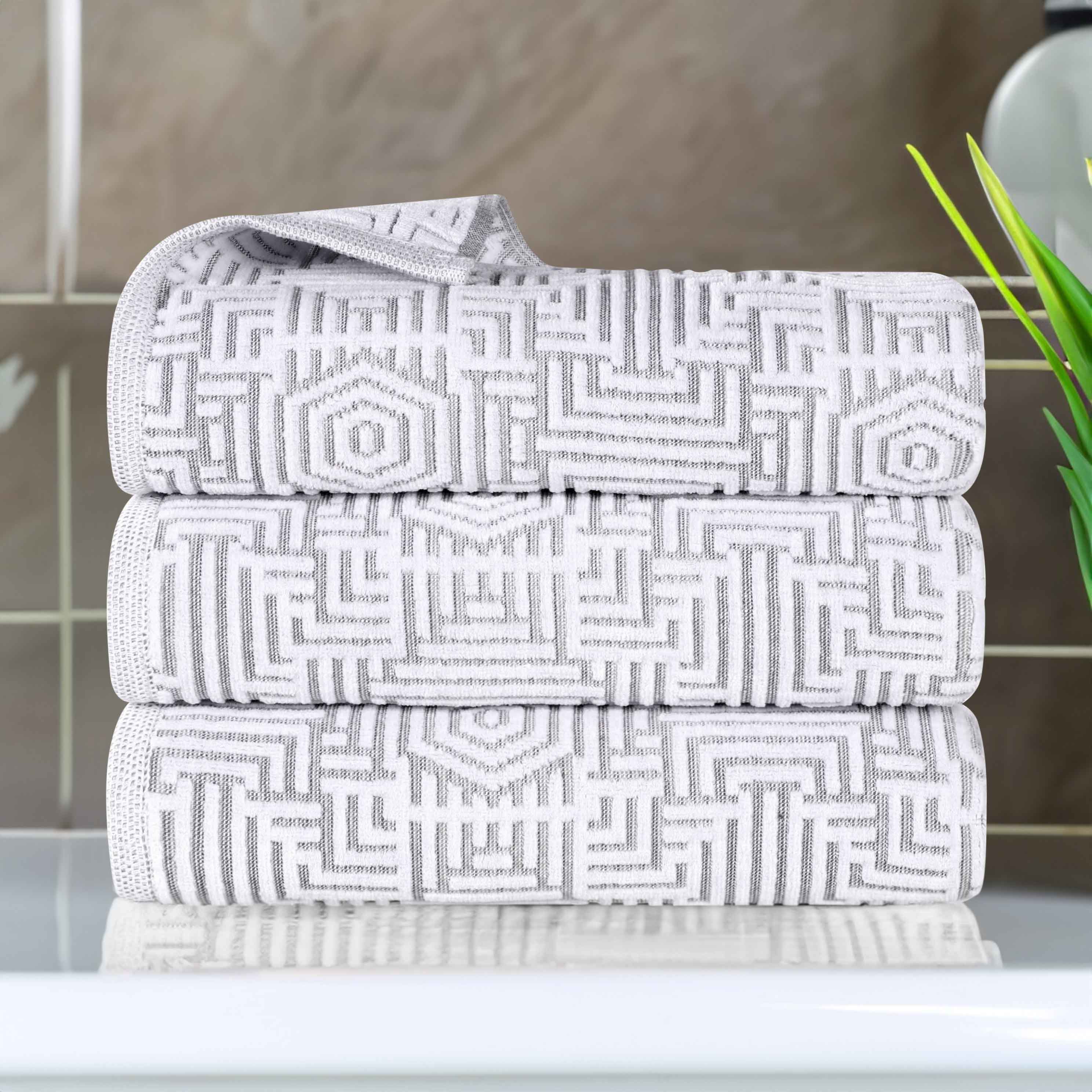 Premium Cotton Modern Geometric Jacquard Plush Bath Towel Set of 3 - Ultra Absorbent & Quick Dry - Luxury Spa, Bathroom & Beach Towels for Home & Travel