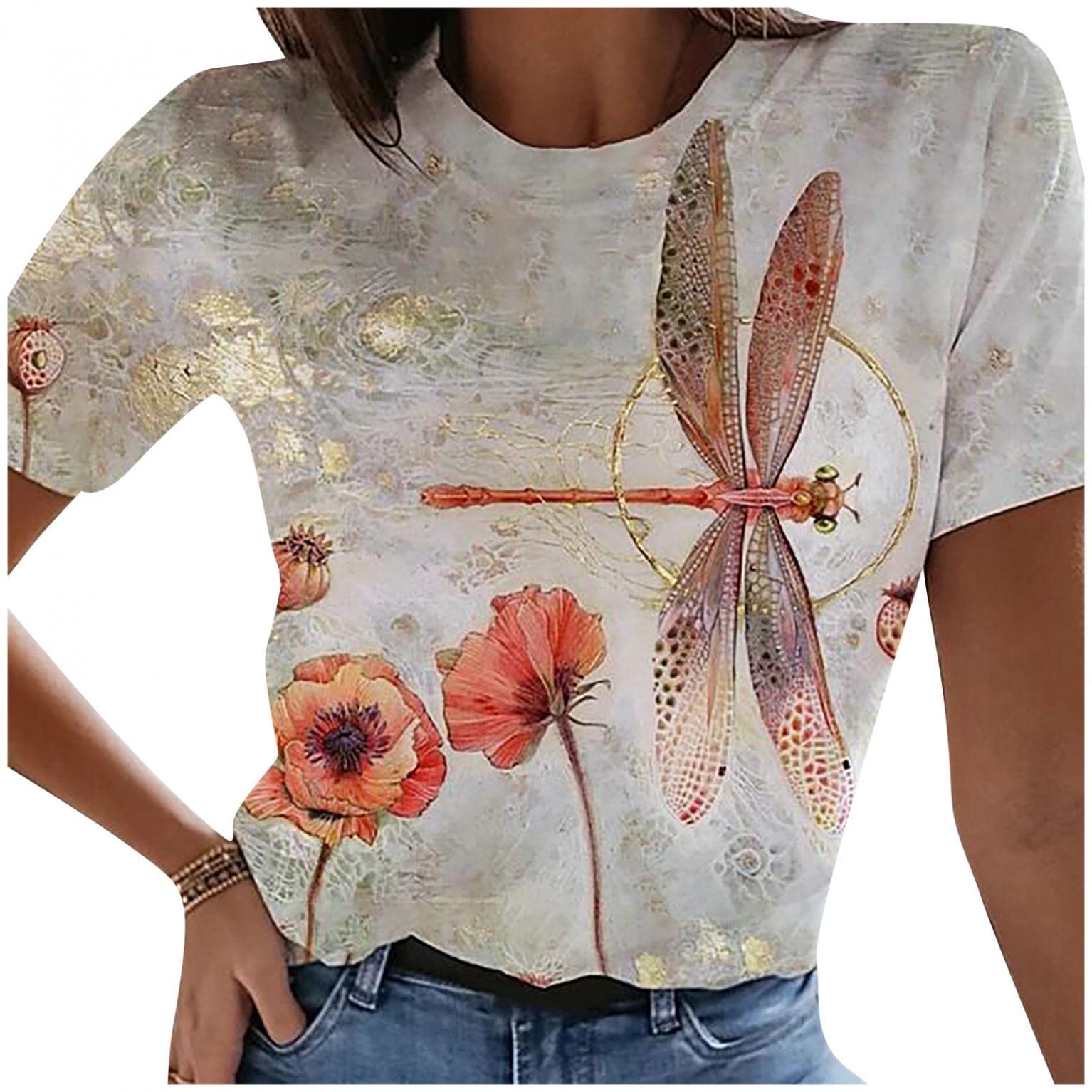 Women's Dragonfly Printed Short Sleeve Graphic Tee - Cute Animal Spring Summer Tunic Blouse for Casual Wear, Outdoor Activities & Vacation Outfits