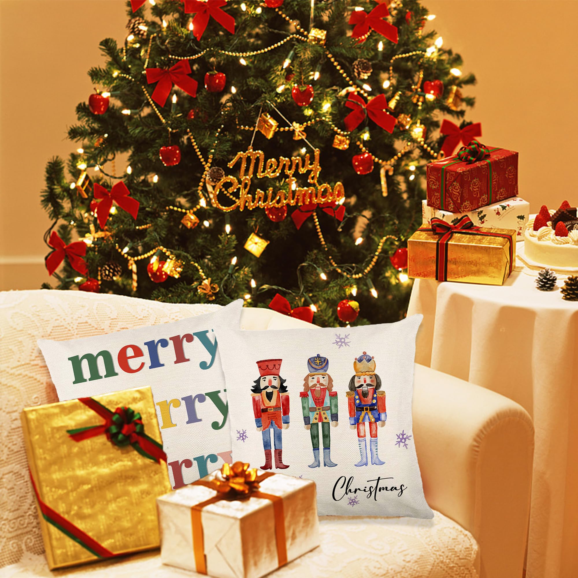 20x20 Christmas Throw Pillow Covers Set of 4 - Nutcracker Holiday Decor, Festive Winter Sofa Cushion Covers for Xmas Decorations, Farmhouse Rustic Home Party Gift | Perfect for Living Room, Couch, Bedroom & Seasonal Holiday Decor