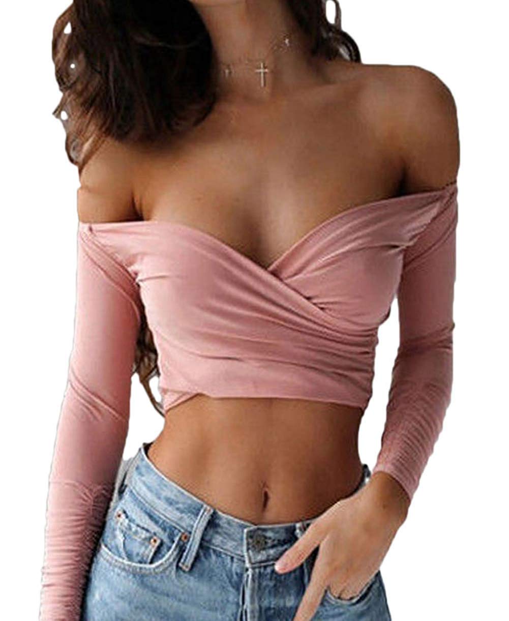 MysterLuna Women's Sexy Off Shoulder Crop Top Long Sleeve Stretchy Slim Fit Tee Shirt for Party, Date Night & Casual Outfits