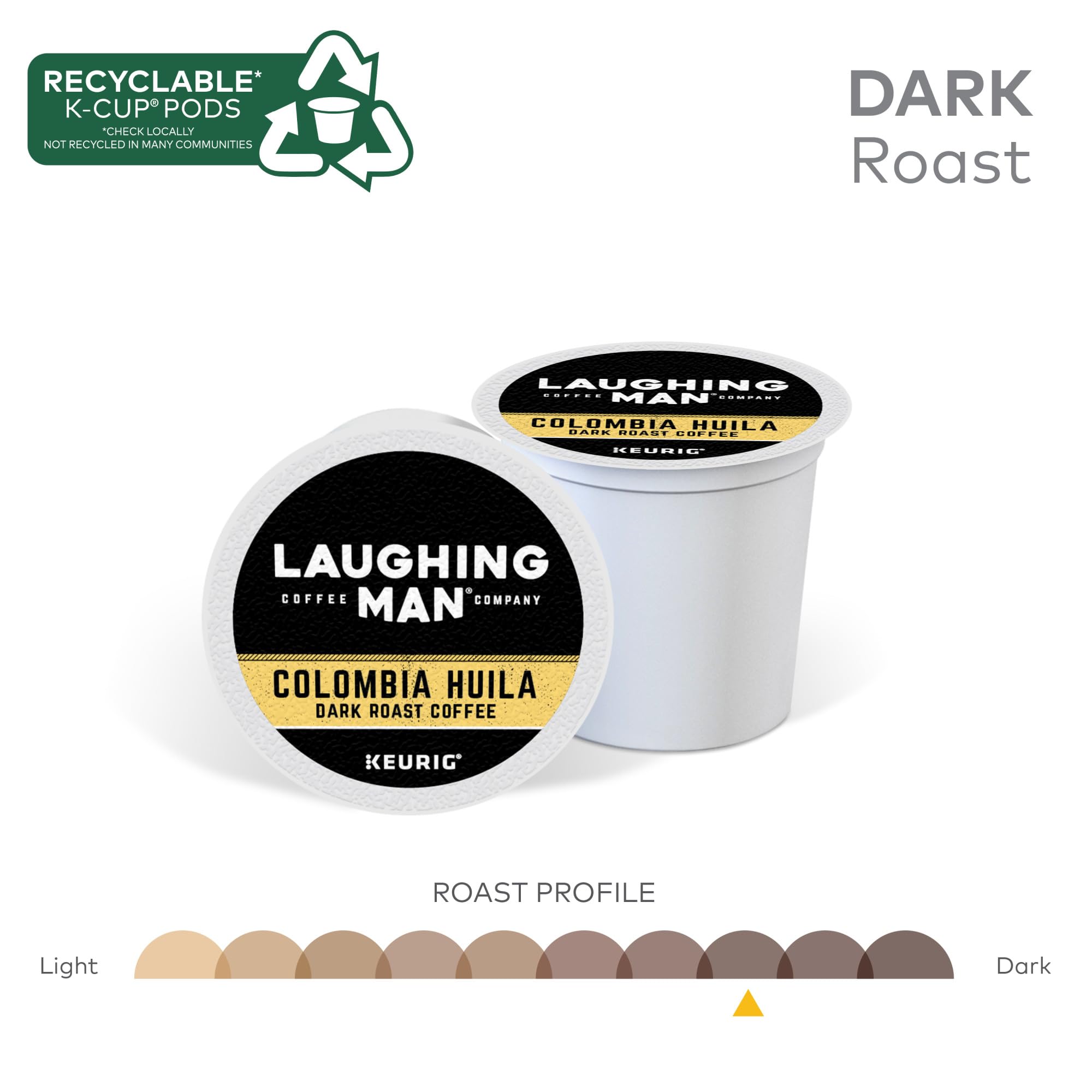 Premium Laughing Man Colombia Huila Dark Roast Coffee - Keurig Single Serve K-Cup Pods (88 Count, 4 Packs of 22) - Rich & Bold Flavor for Home, Office or Breakfast Brewing