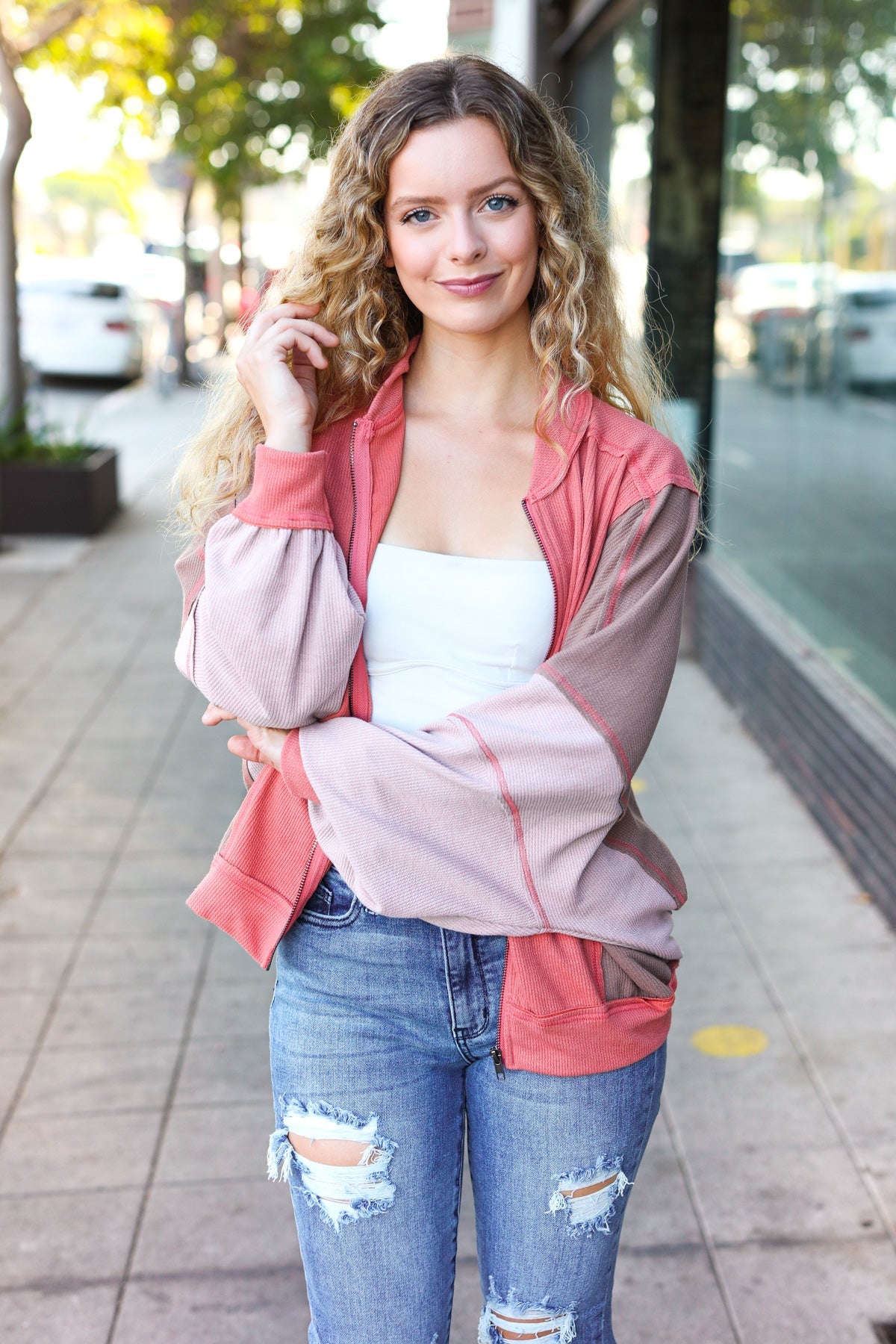 Boldy You Women's Camel Dolman Sleeve Colorblock Knit Bomber Jacket | Cozy Fall Outerwear for Casual Outings & Street Style Fashion