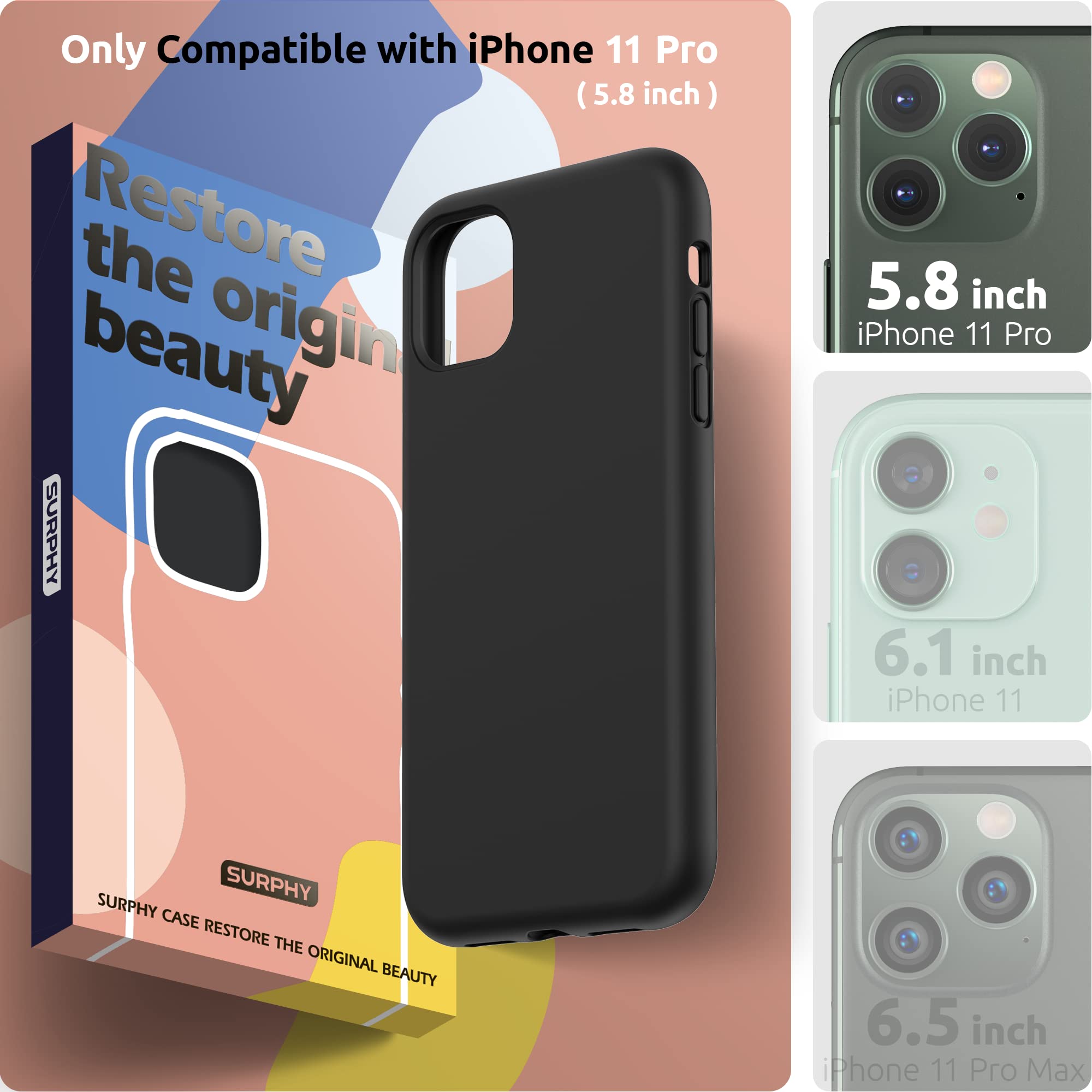SURPHY iPhone 11 Pro Case 5.8 Inch - Premium Shockproof Liquid Silicone Cover with Microfiber Lining for iPhone 11 Pro (2019 Model) - Perfect for Daily Use, Travel & Outdoor Protection - Black