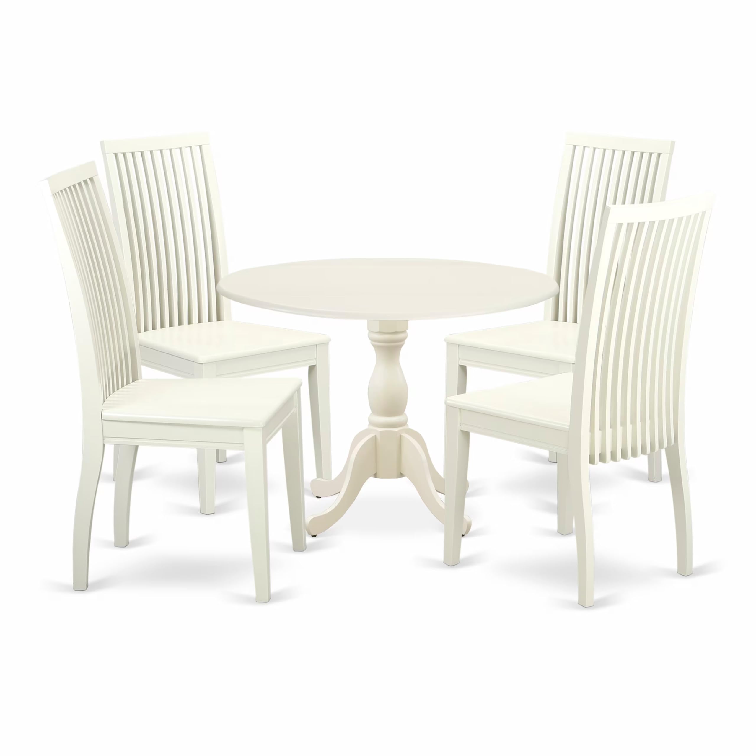 East West Furniture DMIP5-LWH-W 5-Piece White Linen Dining Set with 42x42 Inch Round Drop-Leaf Table & 4 Chairs - Perfect for Small Kitchens, Breakfast Nooks & Cozy Apartments