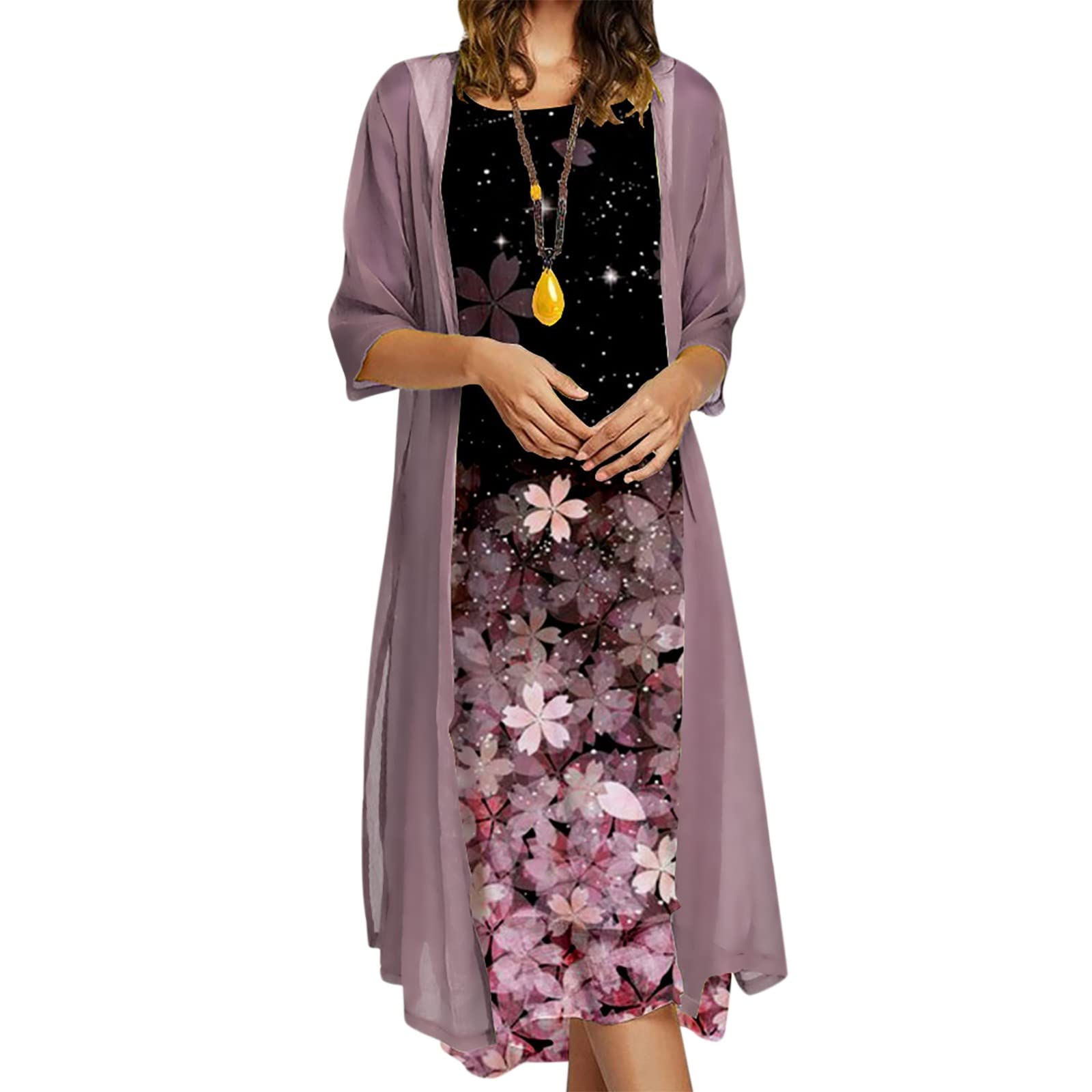 Women's Summer Floral Chiffon Sleeveless Maxi Dress Two Piece Set with Cardigan - Casual Vacation Outfit for Beach, Party & Date Night