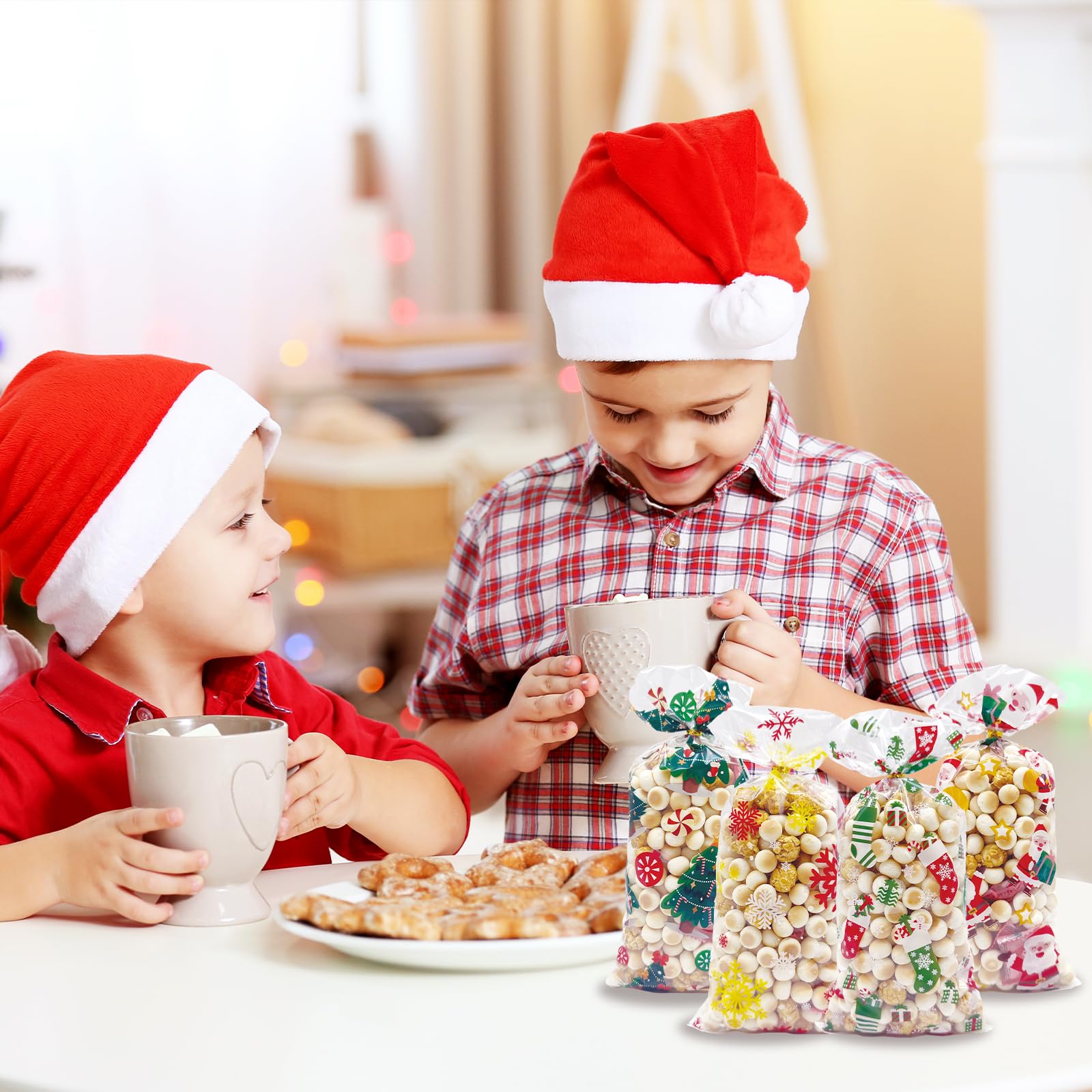 ONFAON Christmas Cellophane Treat Bags - 180pcs Holiday Candy Bags with 200pcs Twist Ties for Snacks, Cookies & Candy Packaging | Perfect for Christmas Party Favors, Gift Wrapping & Holiday Treat Bags