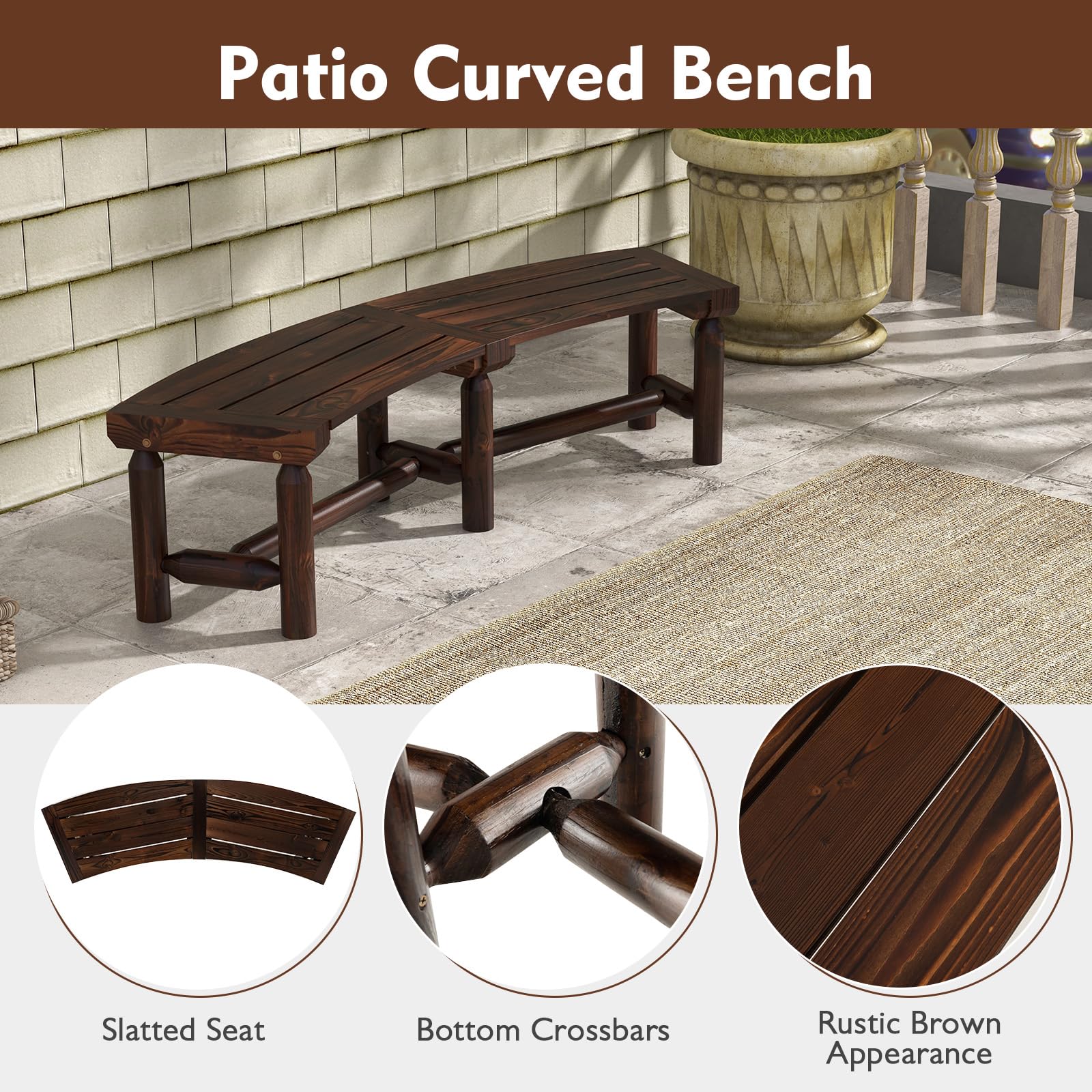 Tangkula Patio Curved Bench - Carbonized Wood Dining Bench for Round Table, Spacious Slatted Seat, 2-Person Rustic Wood Bench for Backyard, Garden, Porch - 710 LBS Max Load - Perfect for Outdoor Dining, Relaxing, and Entertaining
