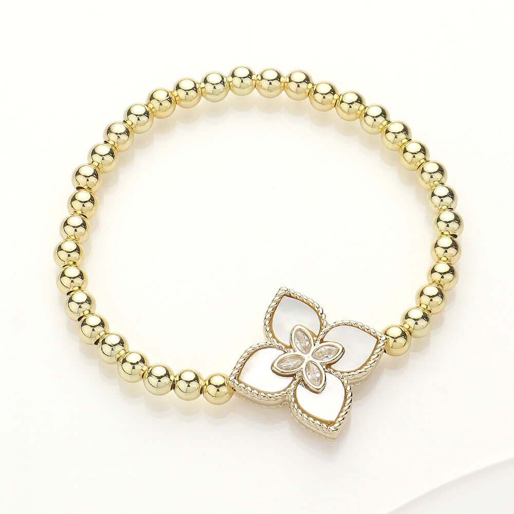 Elegant Stretch Marquise CZ Stone & Mother of Pearl Clover Charm Bracelet for Women - Perfect for Parties, Weddings & Everyday Wear