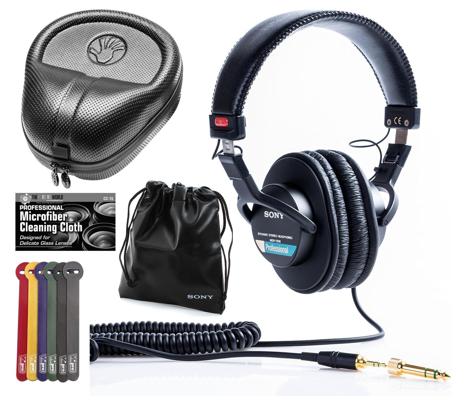 Sony MDR-7506 Professional Studio Headphones with Hard Case - Noise Isolating Over-Ear Monitor Headphones for Recording, Mixing & DJing - Includes Slappa Protective Case, Cable Ties & Cleaning Cloth Bundle