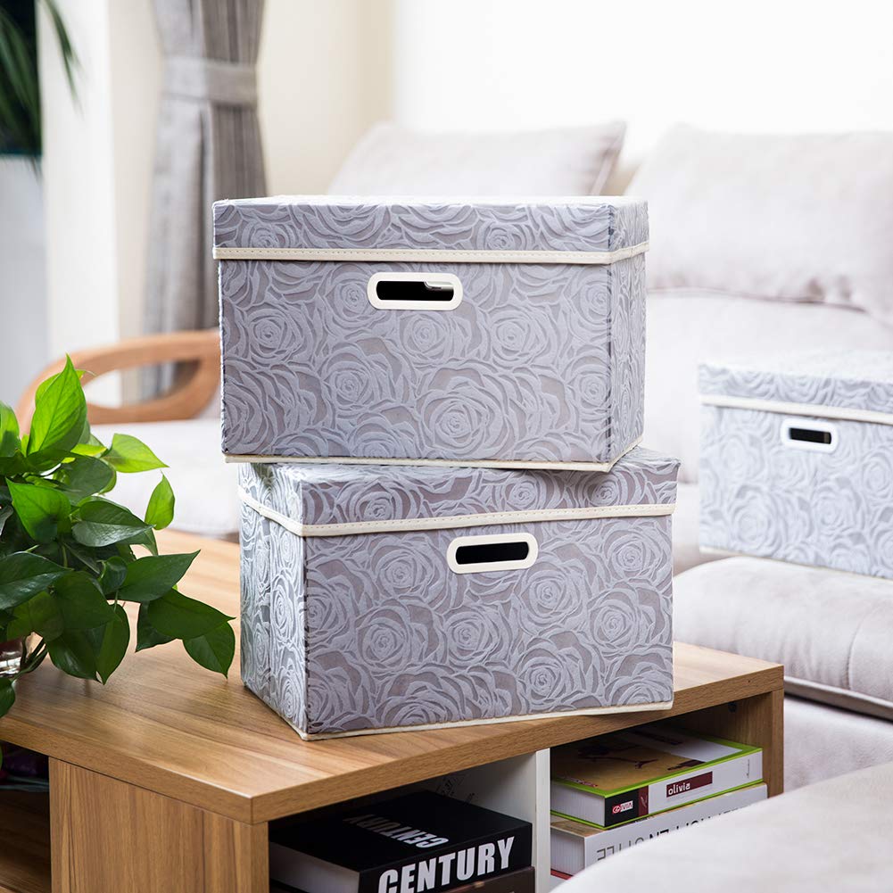 PRANDOM 5-Pack Foldable Fabric Storage Bins with Lids & Handles - 14.9x9.8x9.8 Inch Decorative Organizer Boxes for Bedroom, Closet & Living Room - Perfect for Clothes, Toys & Home Organization