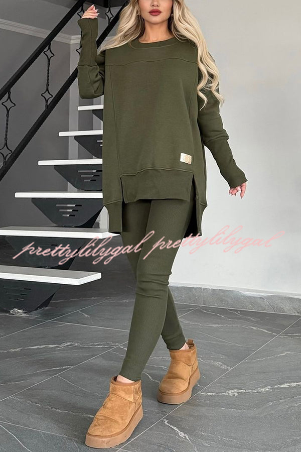 Solid Color Crew Neck Long Sleeve Top & Stretchy Casual Pants Set - Women's Comfortable Lounge Wear for Home, Yoga & Everyday Outfits