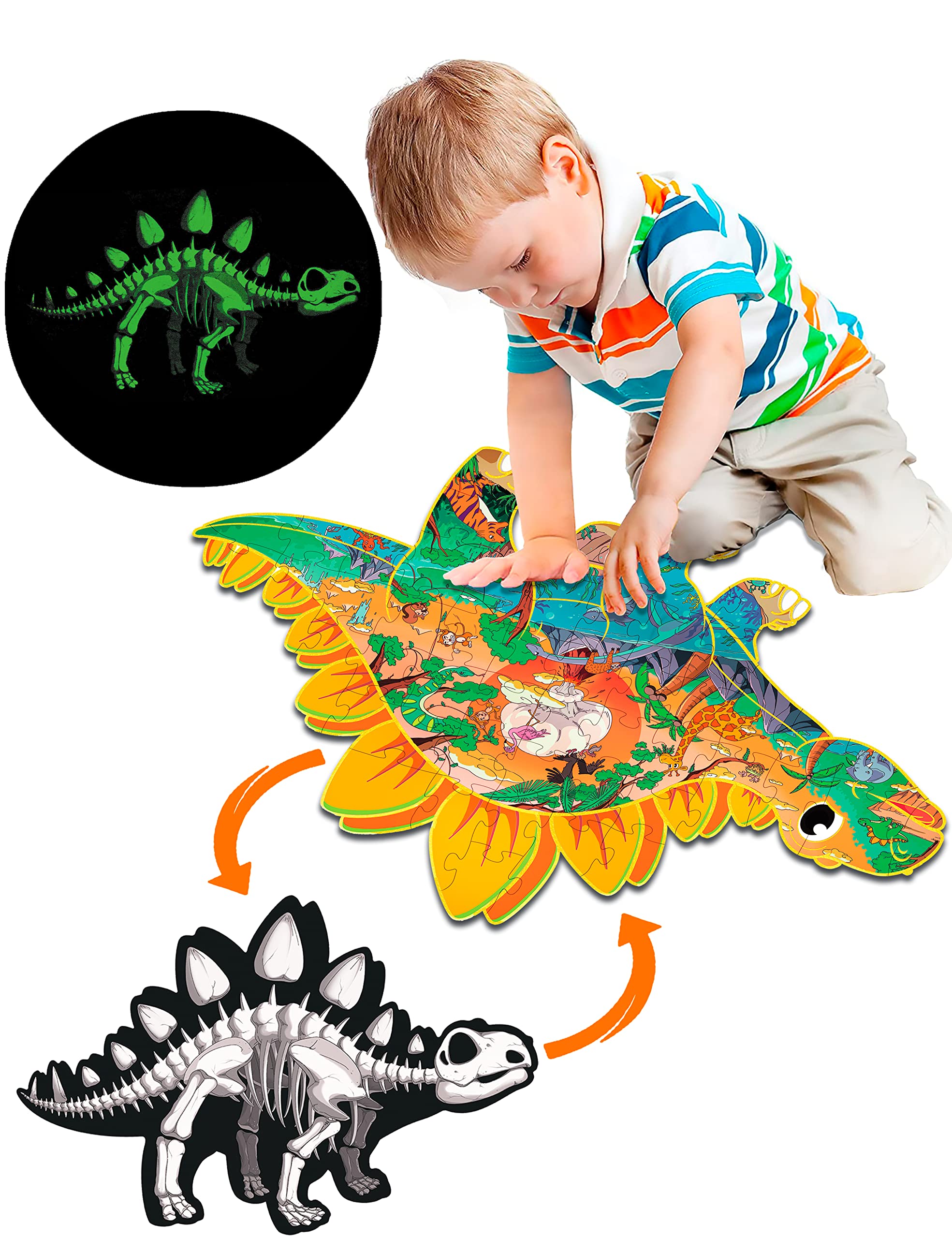 JIGJOJO Double-Sided Dinosaur Floor Puzzles for Kids Ages 5-10 - Glow in The Dark Stegosaurus & Animal Shaped Jigsaw Puzzle - Educational Toddler Toys & Gifts for Boys & Girls - Perfect for Birthday Parties, Classroom Activities & Family Game Nights