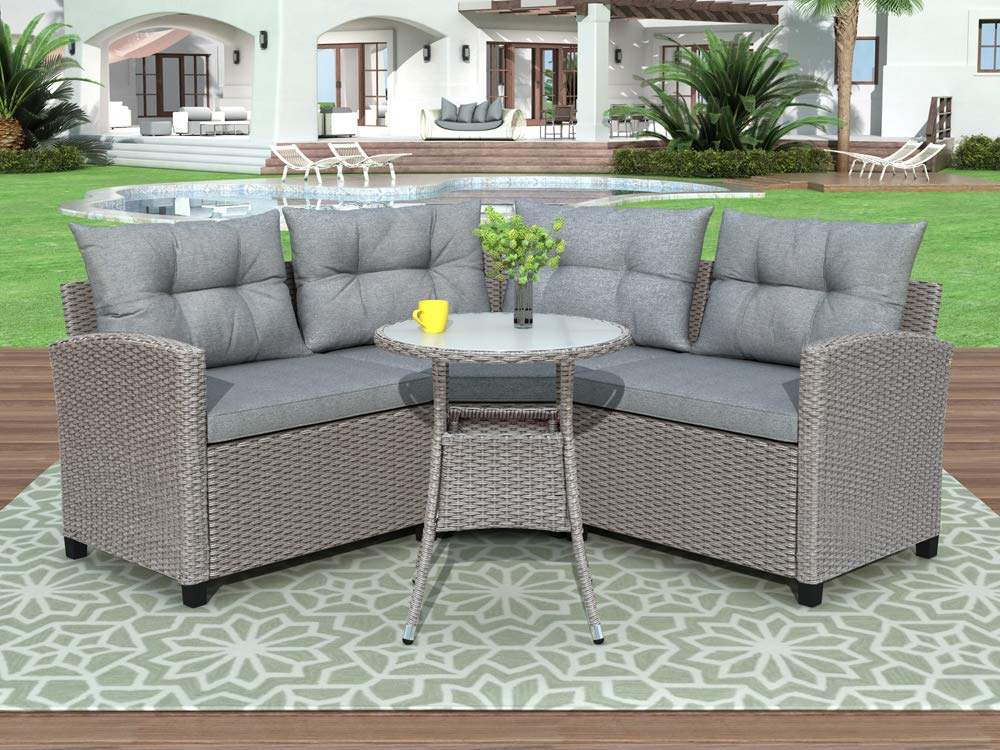 4-Piece Gray Resin Wicker Patio Furniture Set with Round Table & Cushions - Outdoor Dining Set for Garden, Backyard, Poolside or Balcony